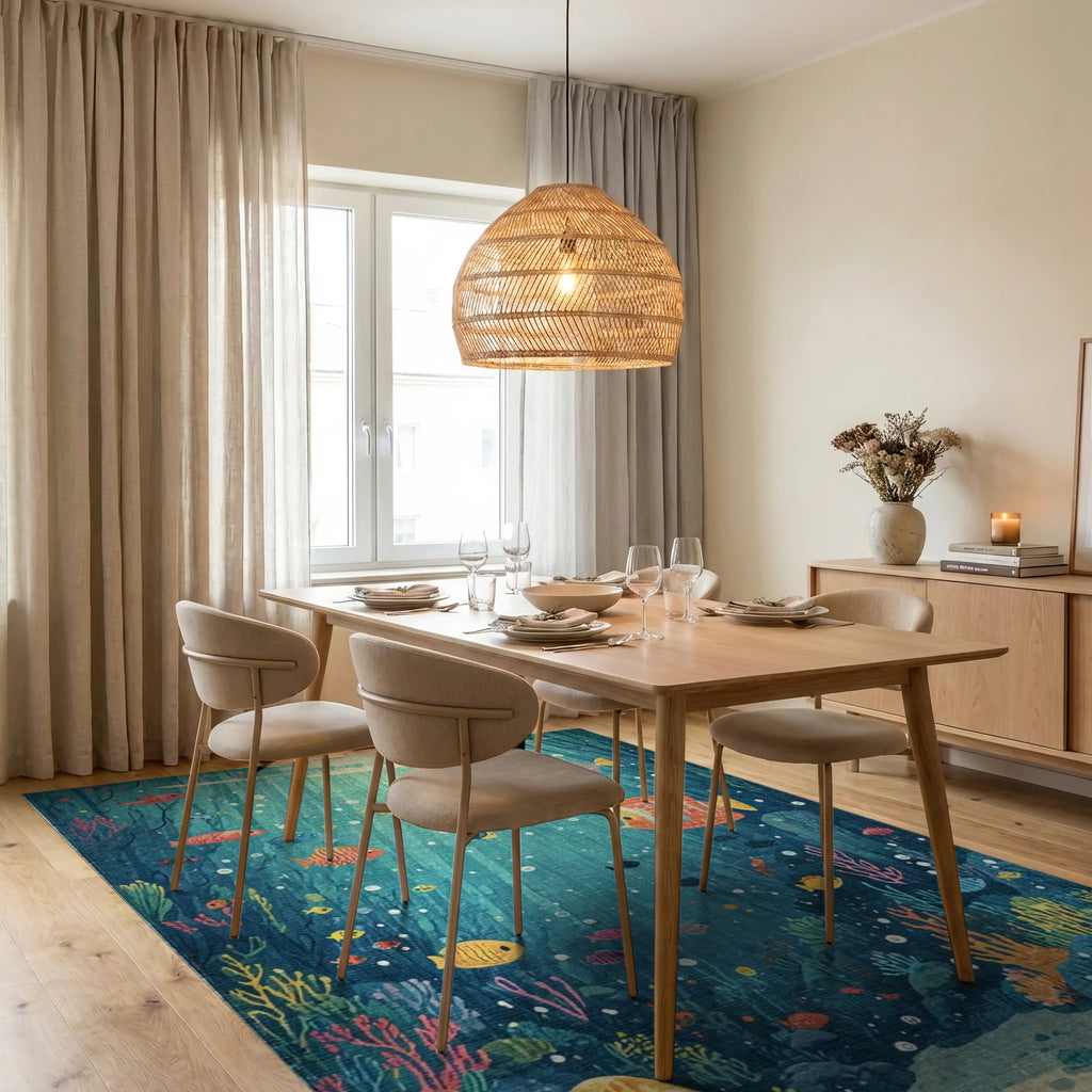 Underwater Coral Reef Fish Scene Rug - Dining Room View