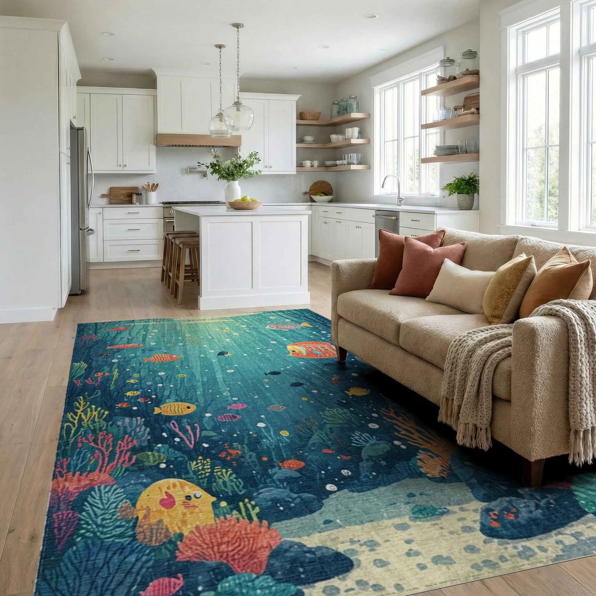 Underwater Coral Reef Fish Scene Rug - Living Room View