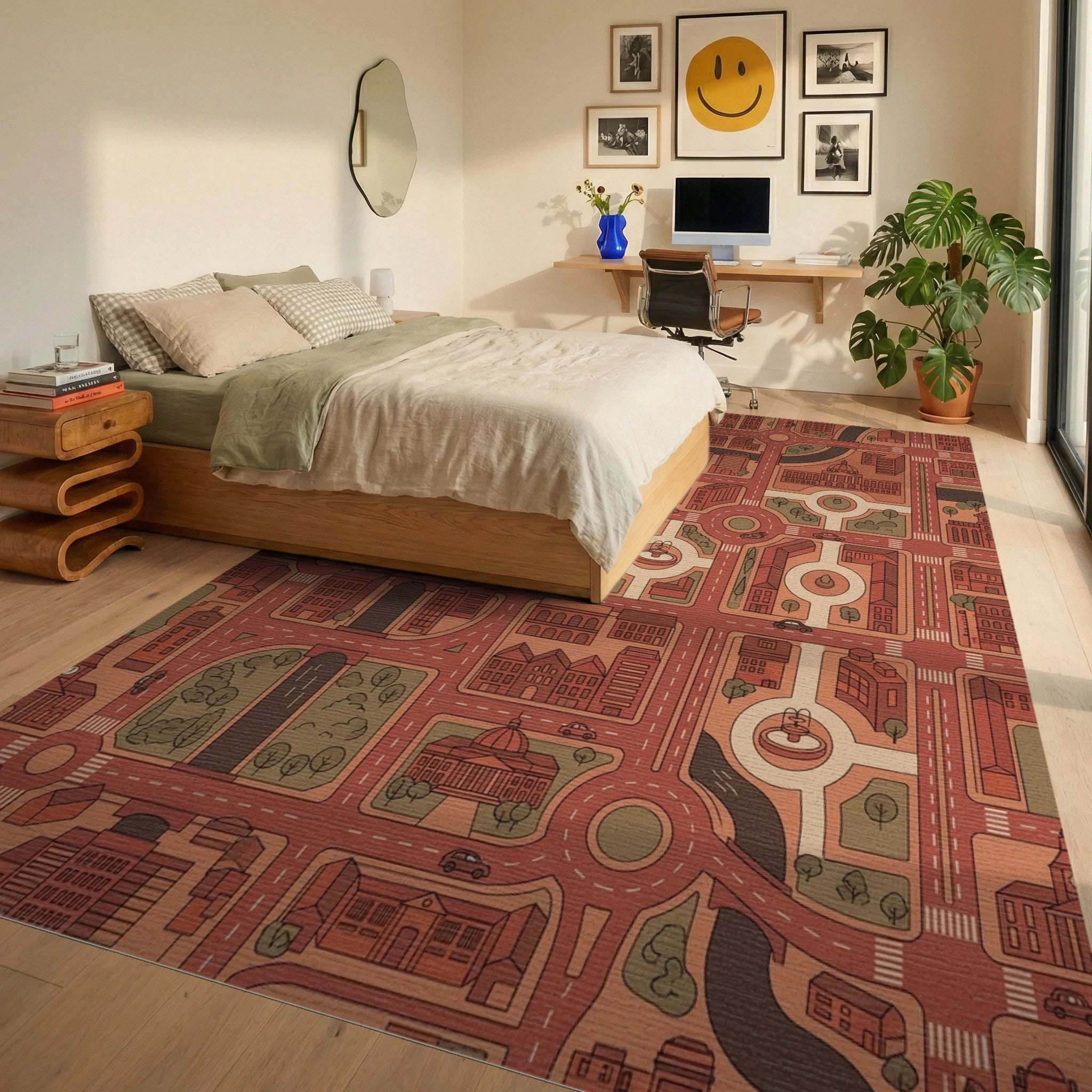 Urban Cityscape Red And Tan Map Rug Bedroom View