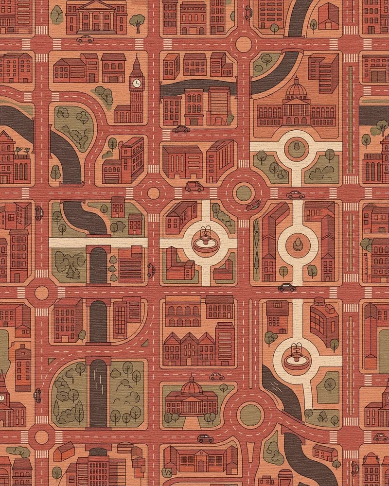 Urban Cityscape Red And Tan Map Rug - Cutout View