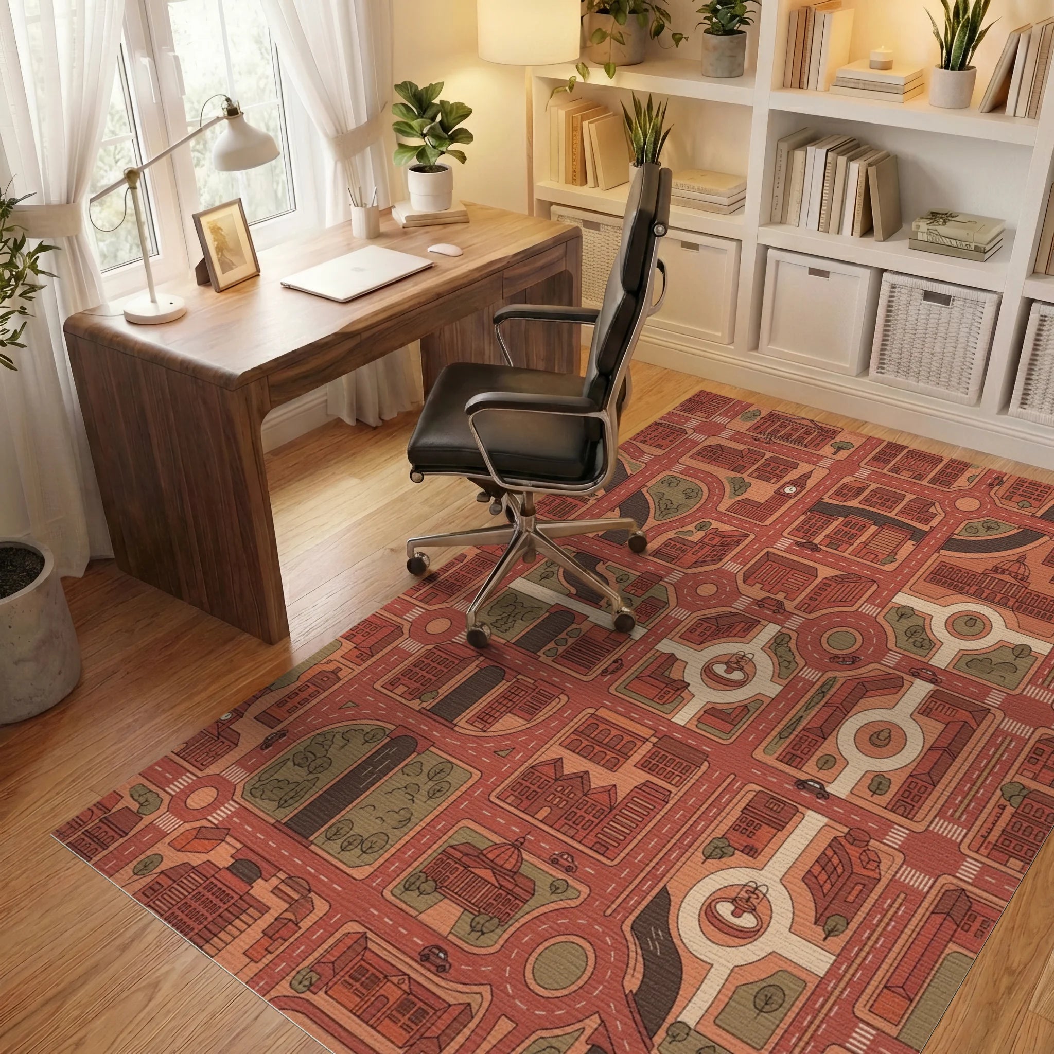 Urban Cityscape Red And Tan Map Rug Office View