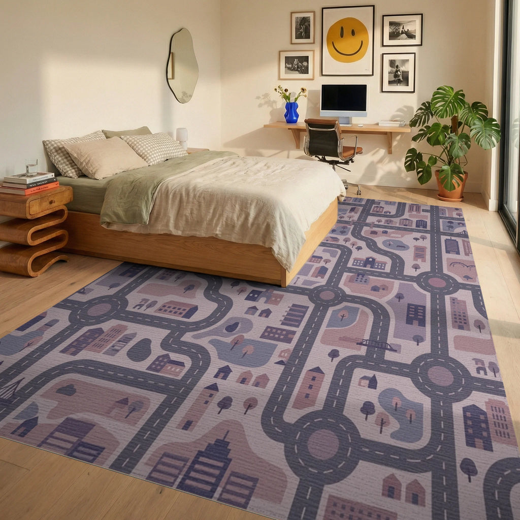 Urban Cityscape Street Map Amethyst Rug Bedroom View