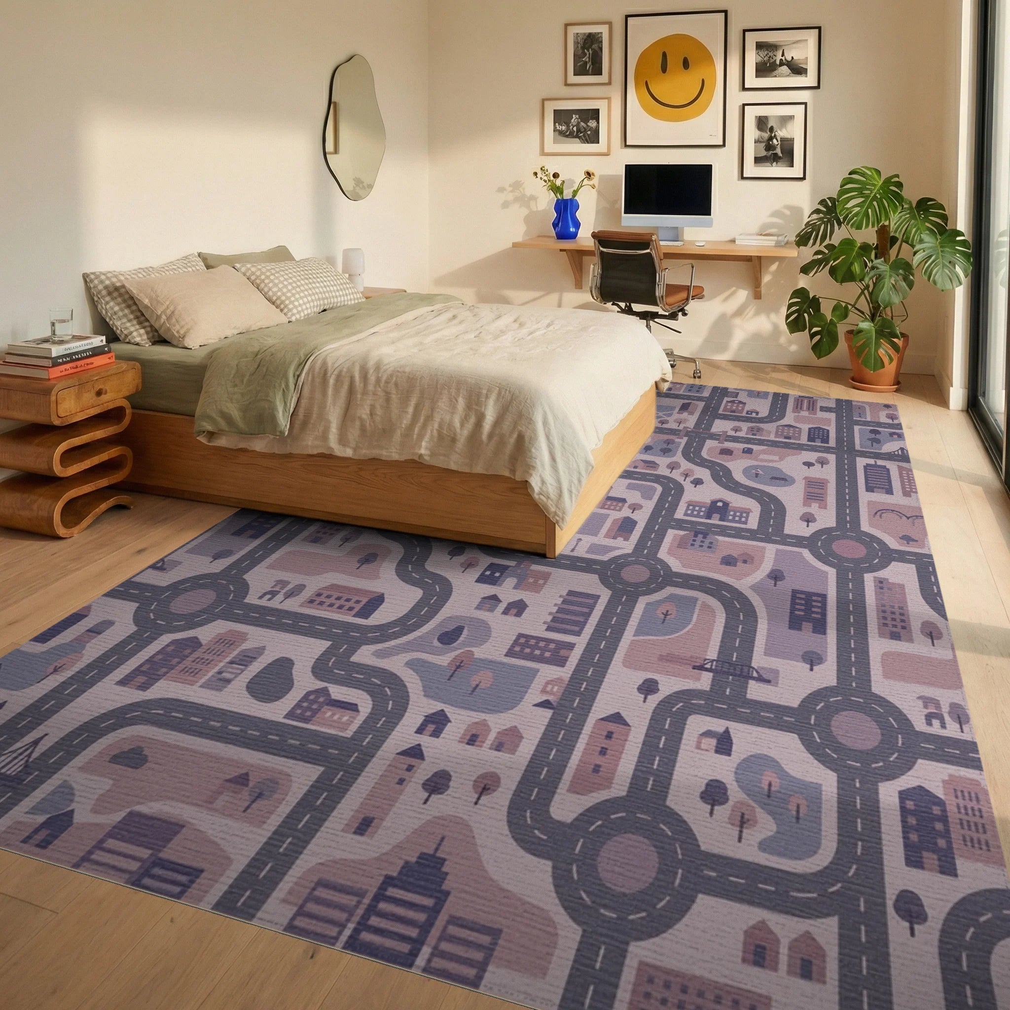 Urban Cityscape Street Map Amethyst Rug Bedroom View