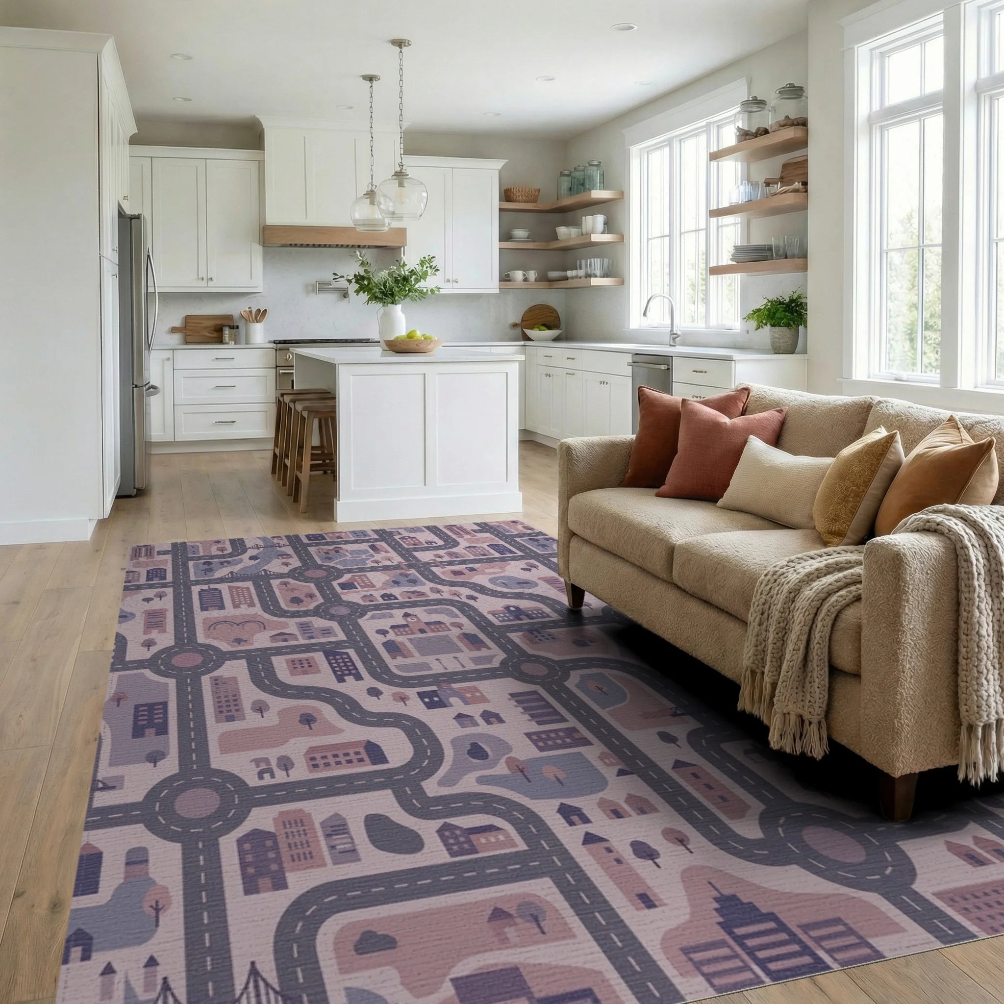 Urban Cityscape Street Map Amethyst Rug Living Room View