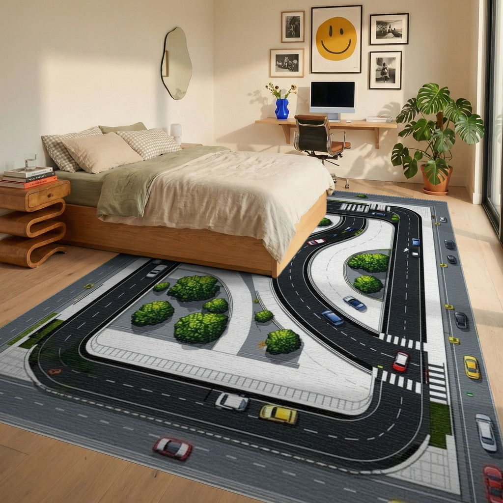 Urban Traffic Greenery Pattern Rug - Bedroom View