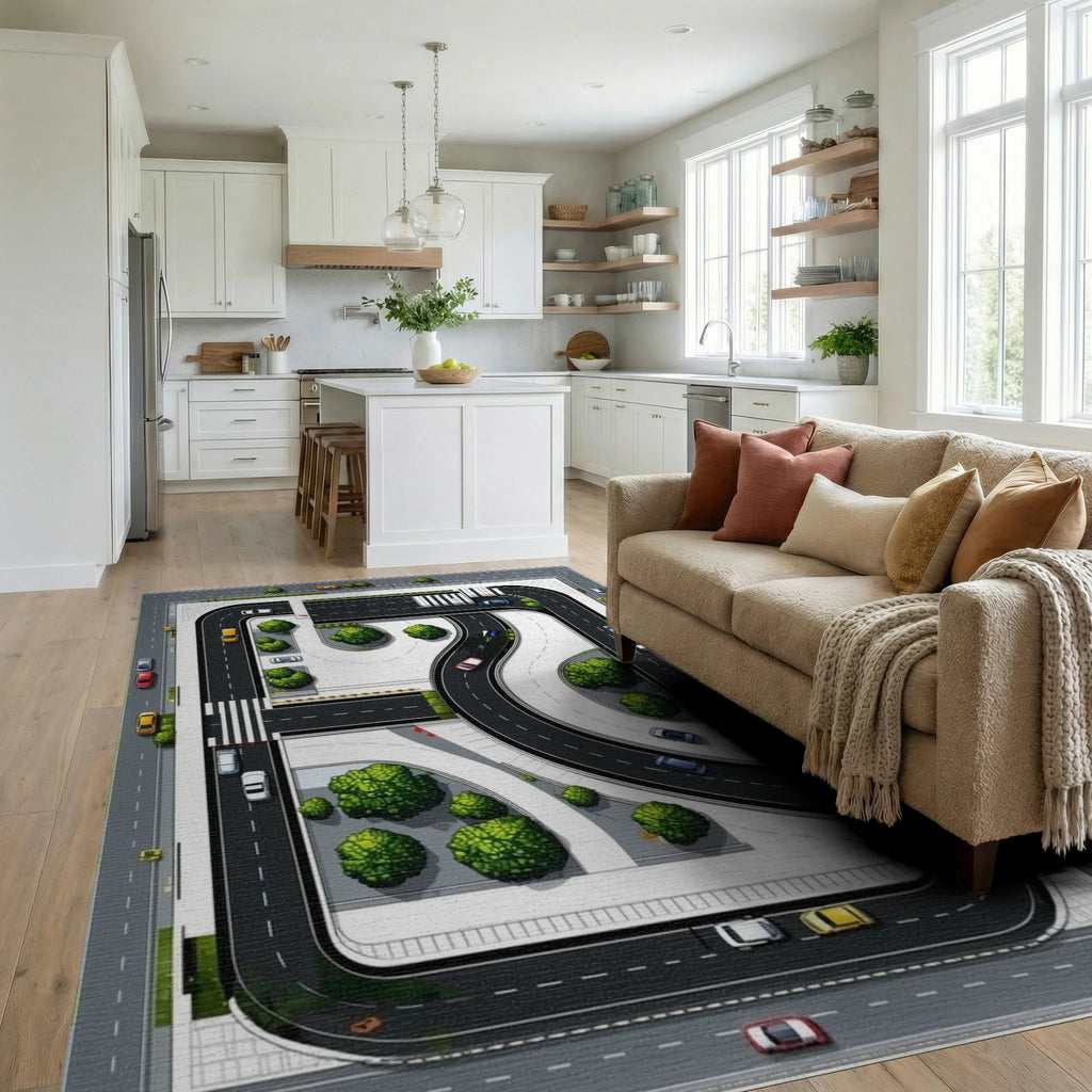 Urban Traffic Greenery Pattern Rug - Living Room View