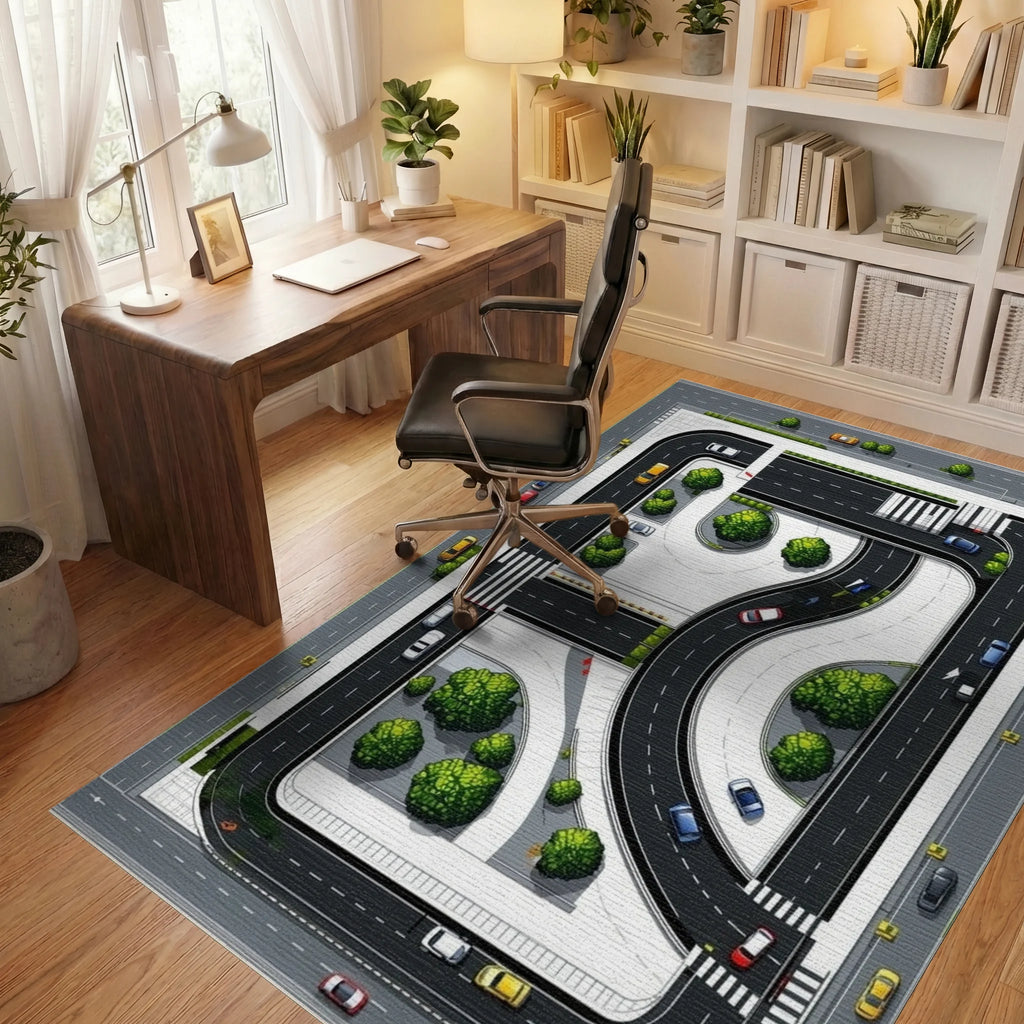 Urban Traffic Greenery Pattern Rug - Office View