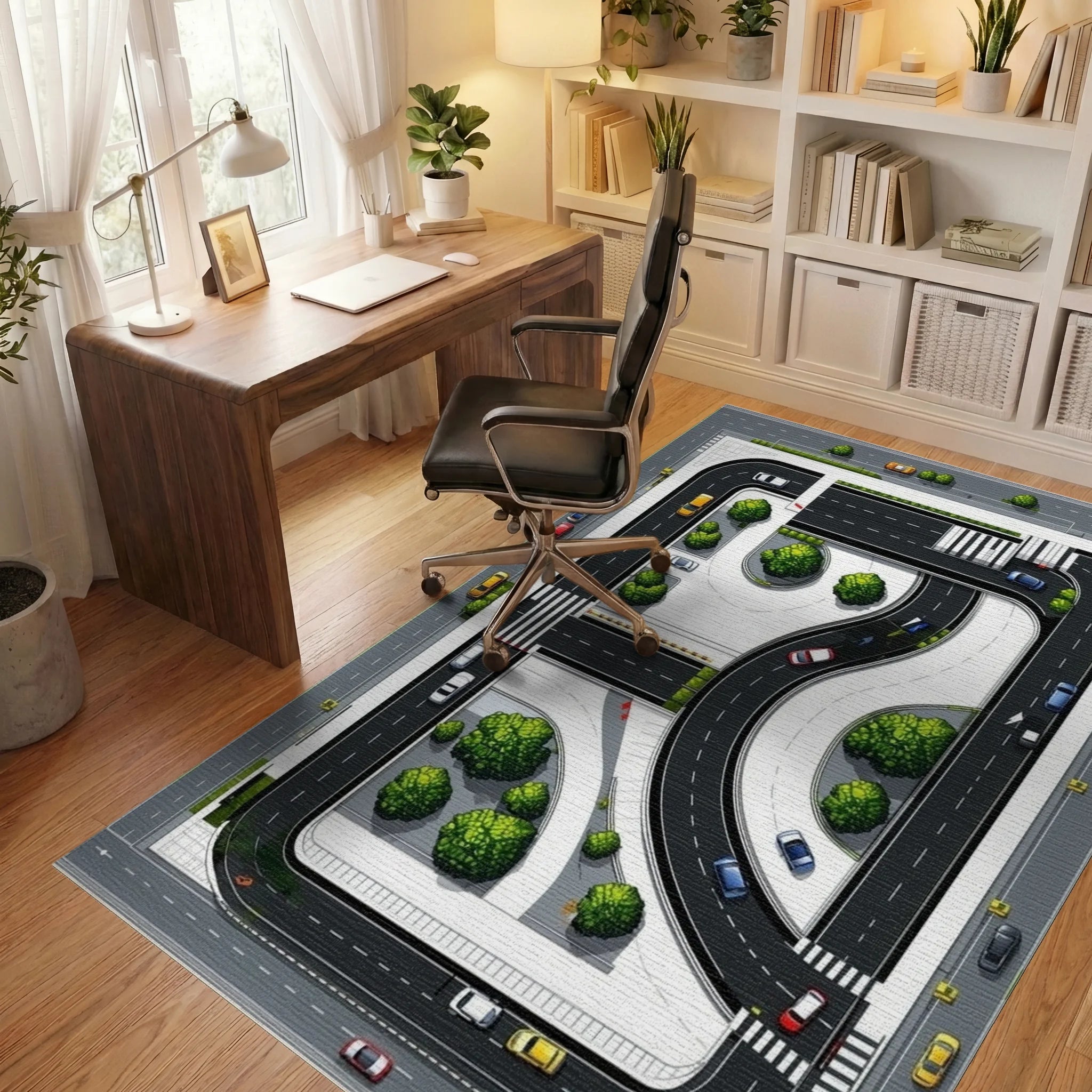 Urban Traffic Greenery Pattern Rug - Office View