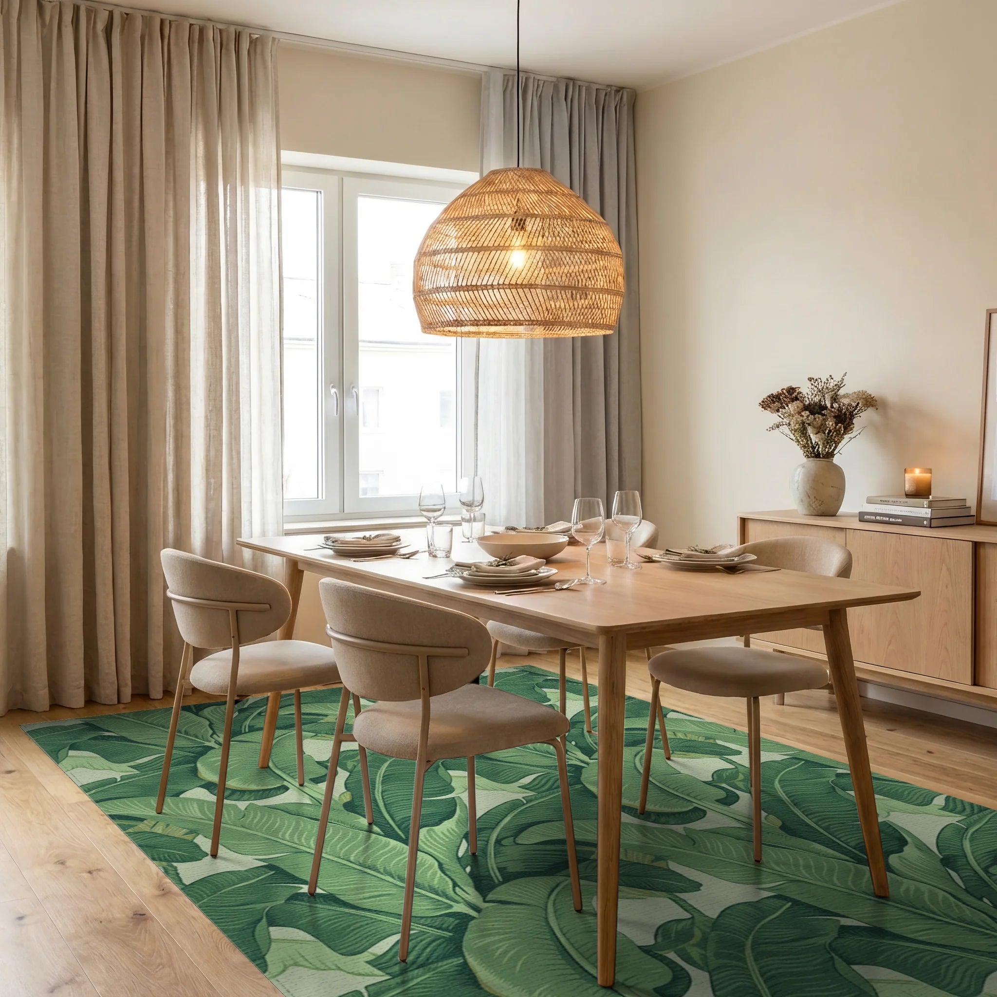 Verdant Banana Leaf Garland Rug Dining Room View