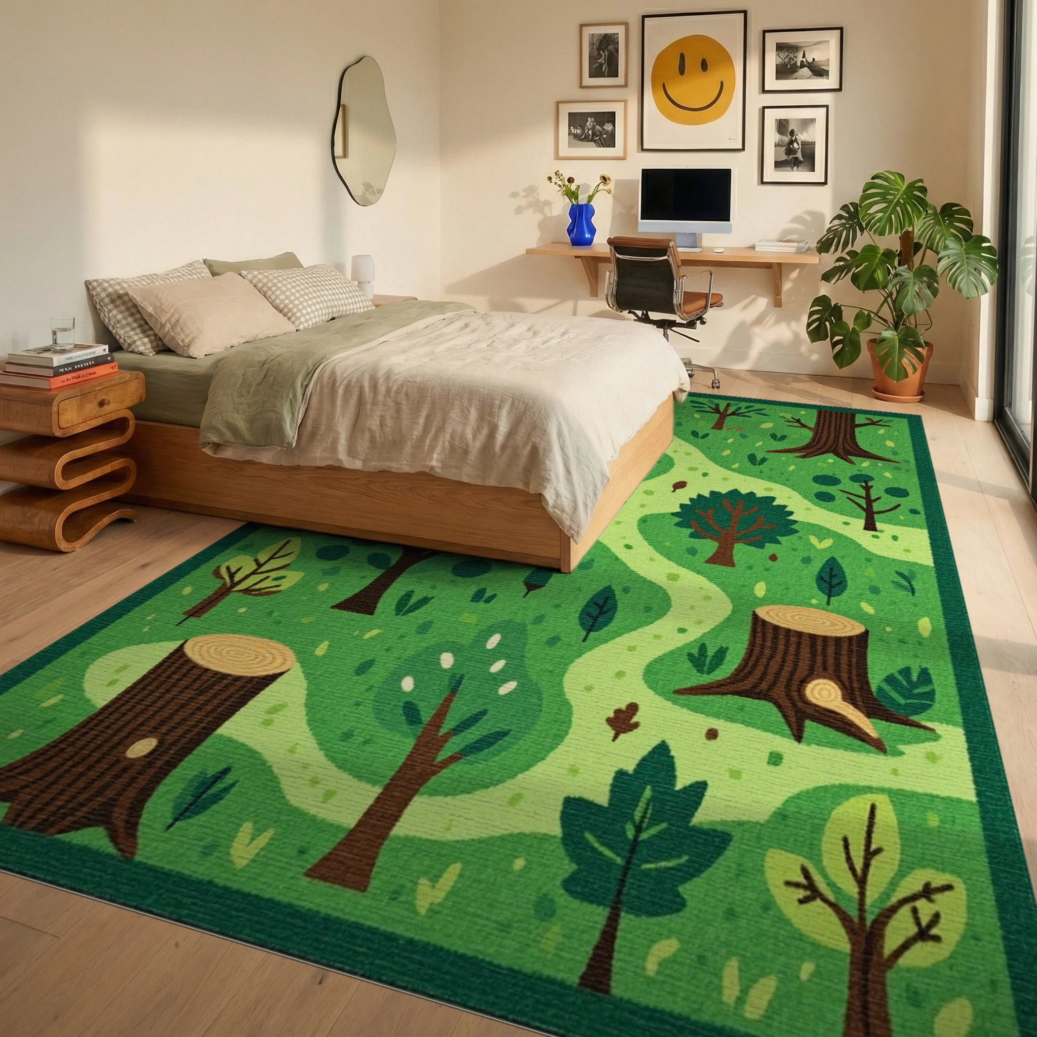Verdant Forest Path Woodland Scene Rug - Bedroom View