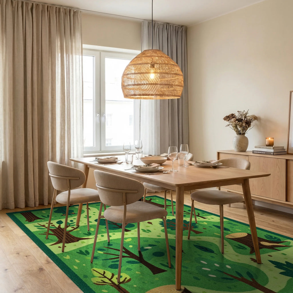 Verdant Forest Path Woodland Scene Rug - Dining Room View