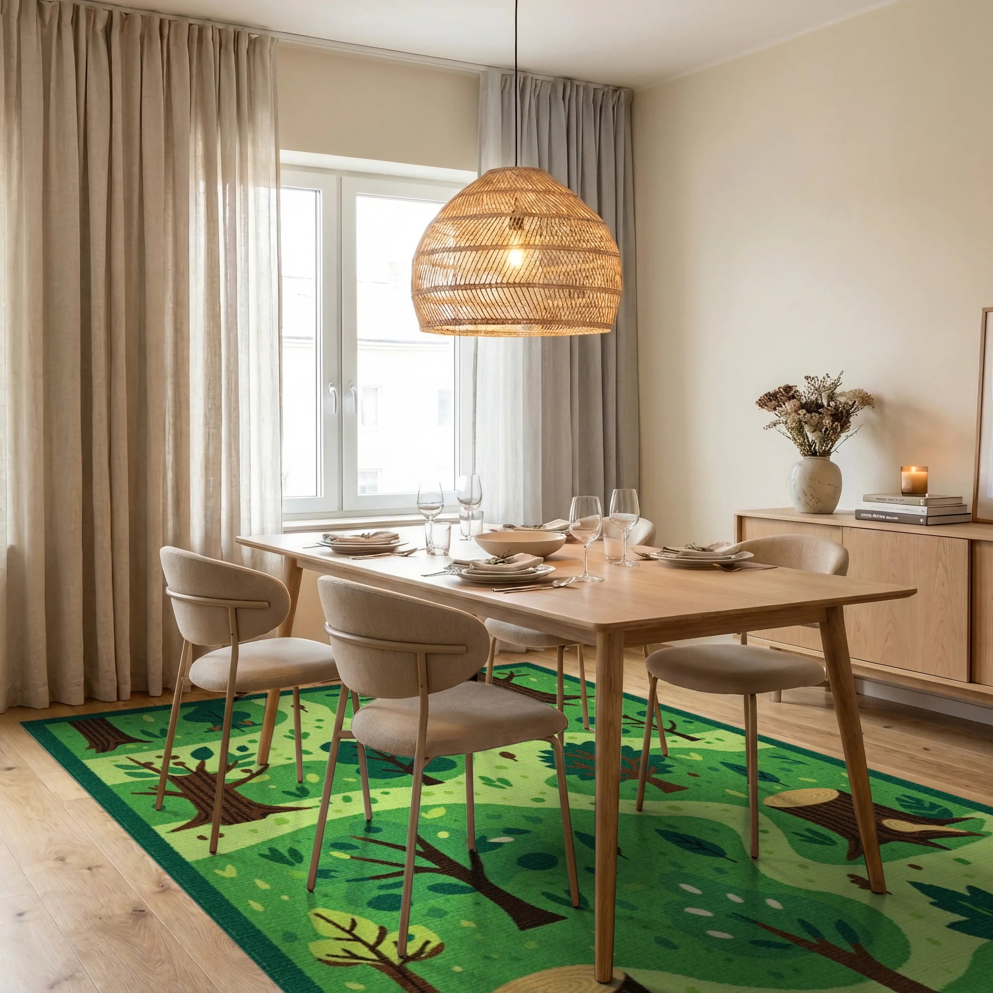 Verdant Forest Path Woodland Scene Rug - Dining Room View
