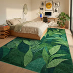 Verdant Green Botanical Leaf Collage Rug - Bedroom View