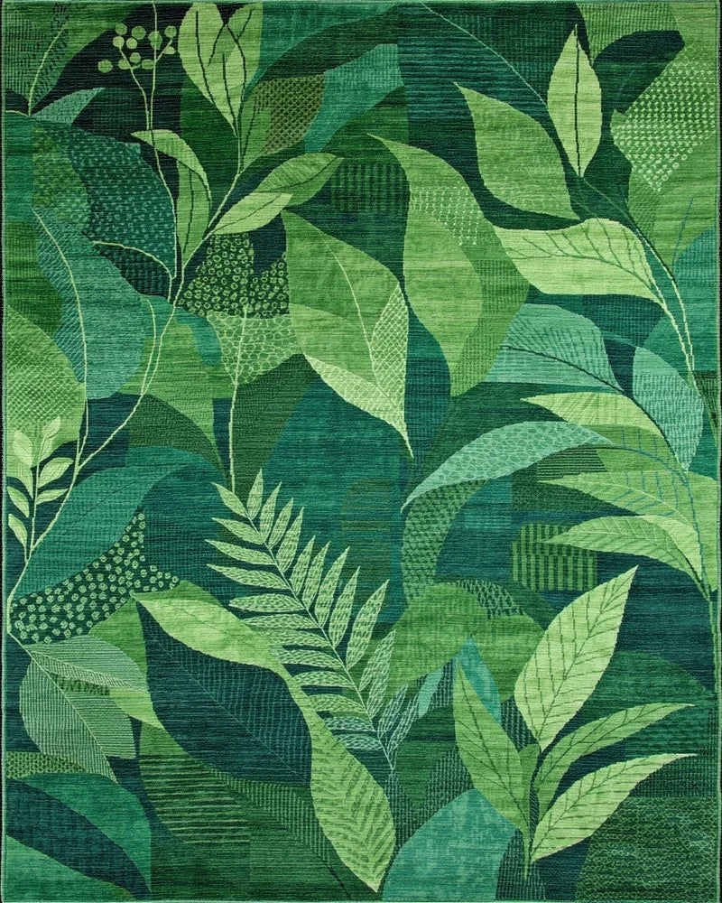 Verdant Green Botanical Leaf Collage Rug - Cutout View
