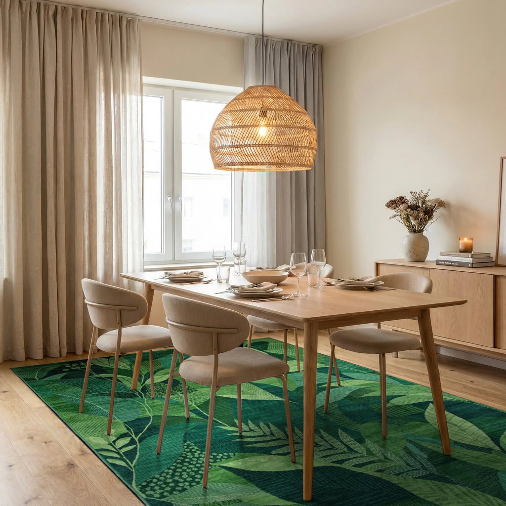 Verdant Green Botanical Leaf Collage Rug - Dining Room View
