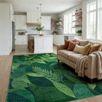 Verdant Green Botanical Leaf Collage Rug - Living Room View