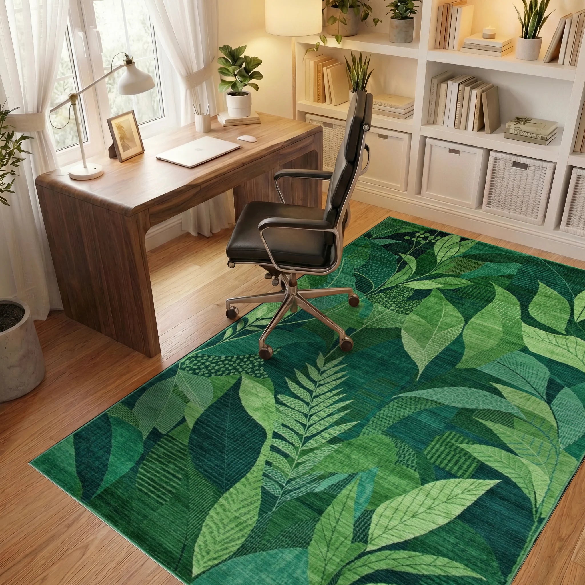 Verdant Green Botanical Leaf Collage Rug - Office View