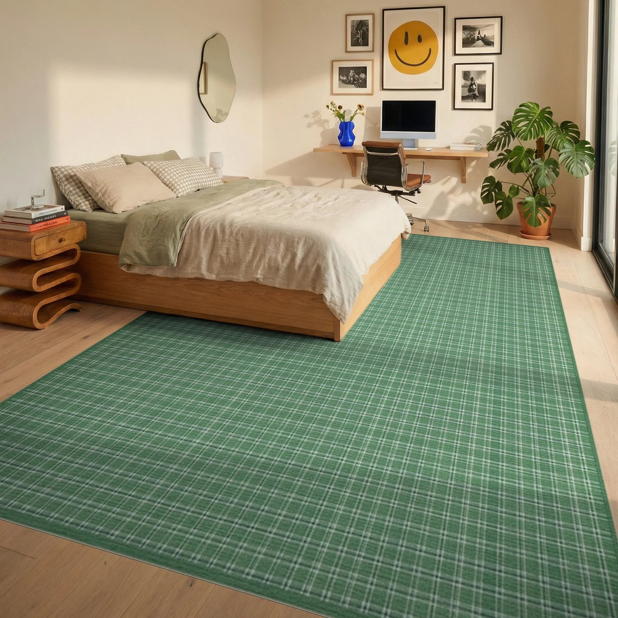Verdant Green Classic Plaid Rug - Bedroom View
