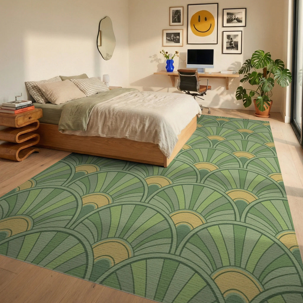 Verdant Green Fanburst Repeat Rug Bedroom View