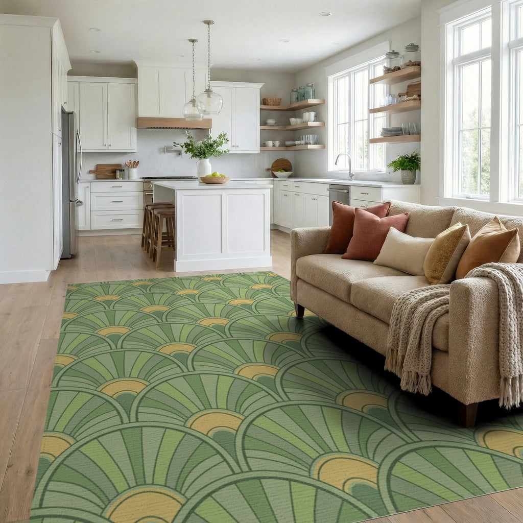 Verdant Green Fanburst Repeat Rug Living Room View
