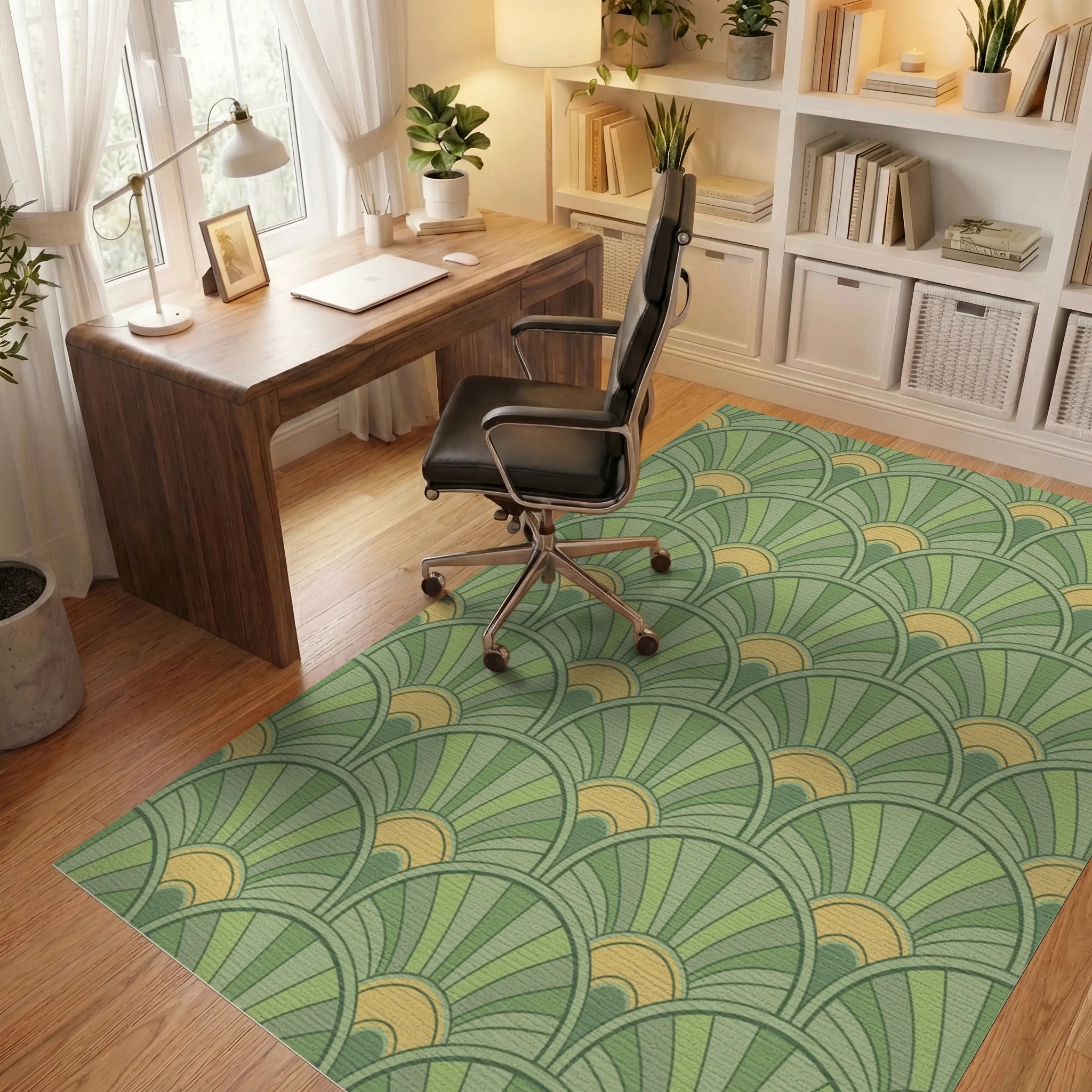 Verdant Green Fanburst Repeat Rug Office View