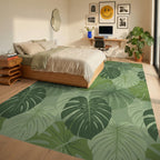 Verdant Green Tropical Leaf Arrangement Rug Bedroom View