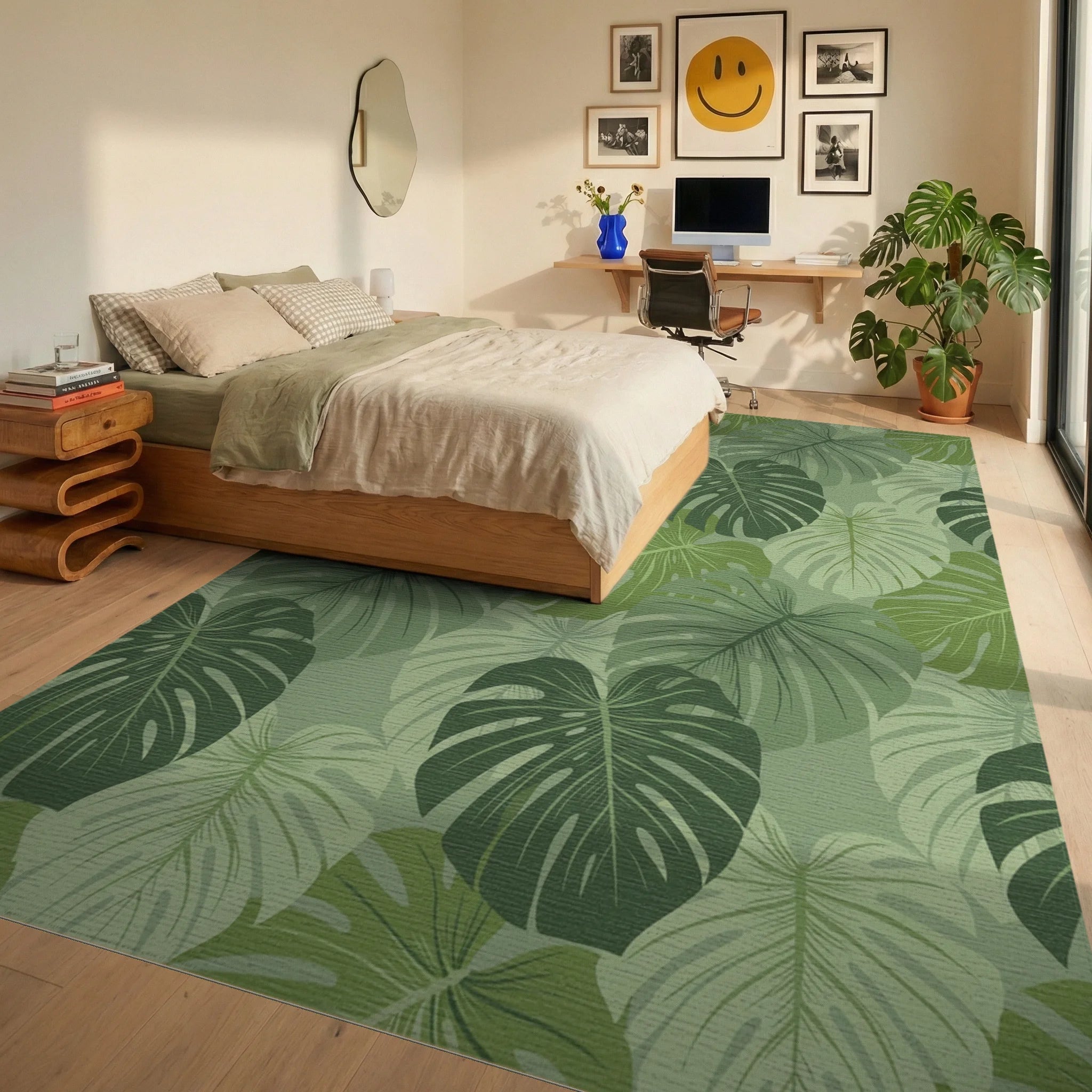 Verdant Green Tropical Leaf Arrangement Rug Bedroom View