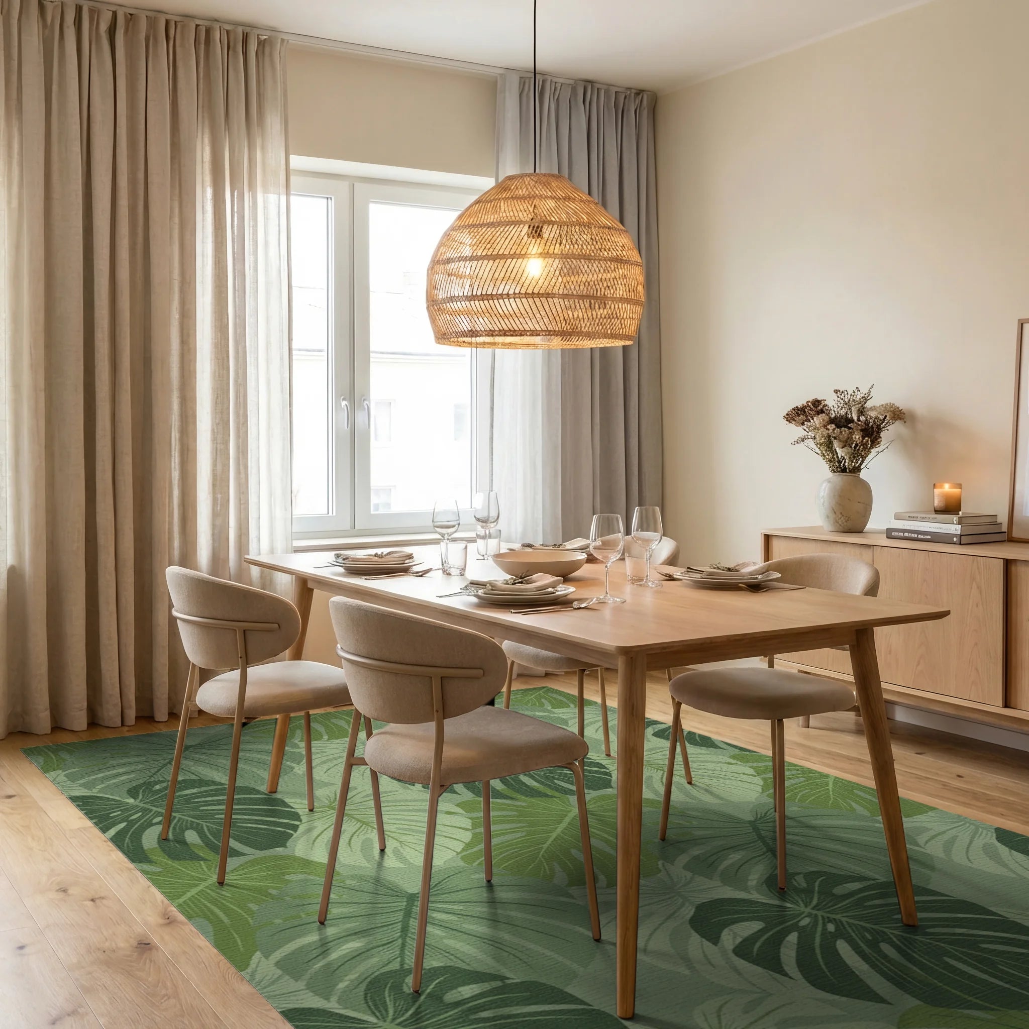 Verdant Green Tropical Leaf Arrangement Rug Dining Room View