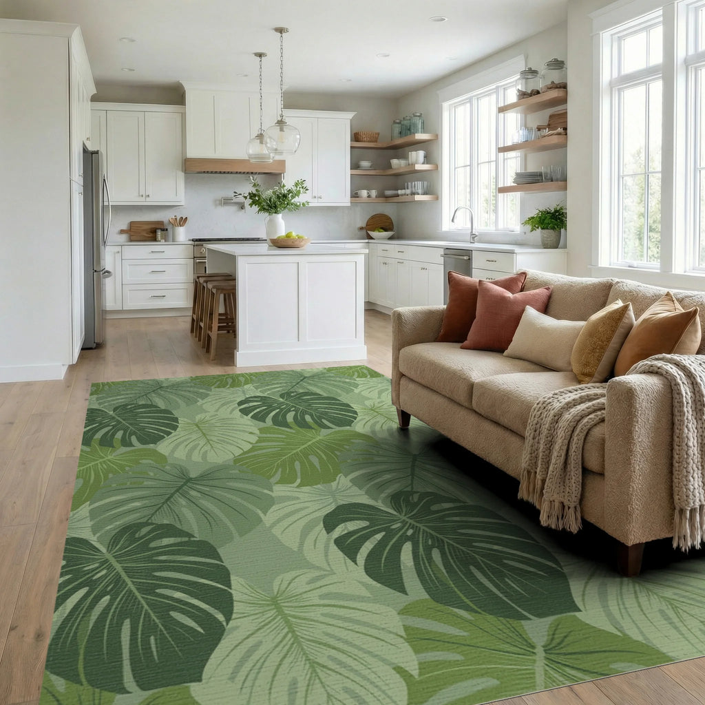 Verdant Green Tropical Leaf Arrangement Rug Living Room View