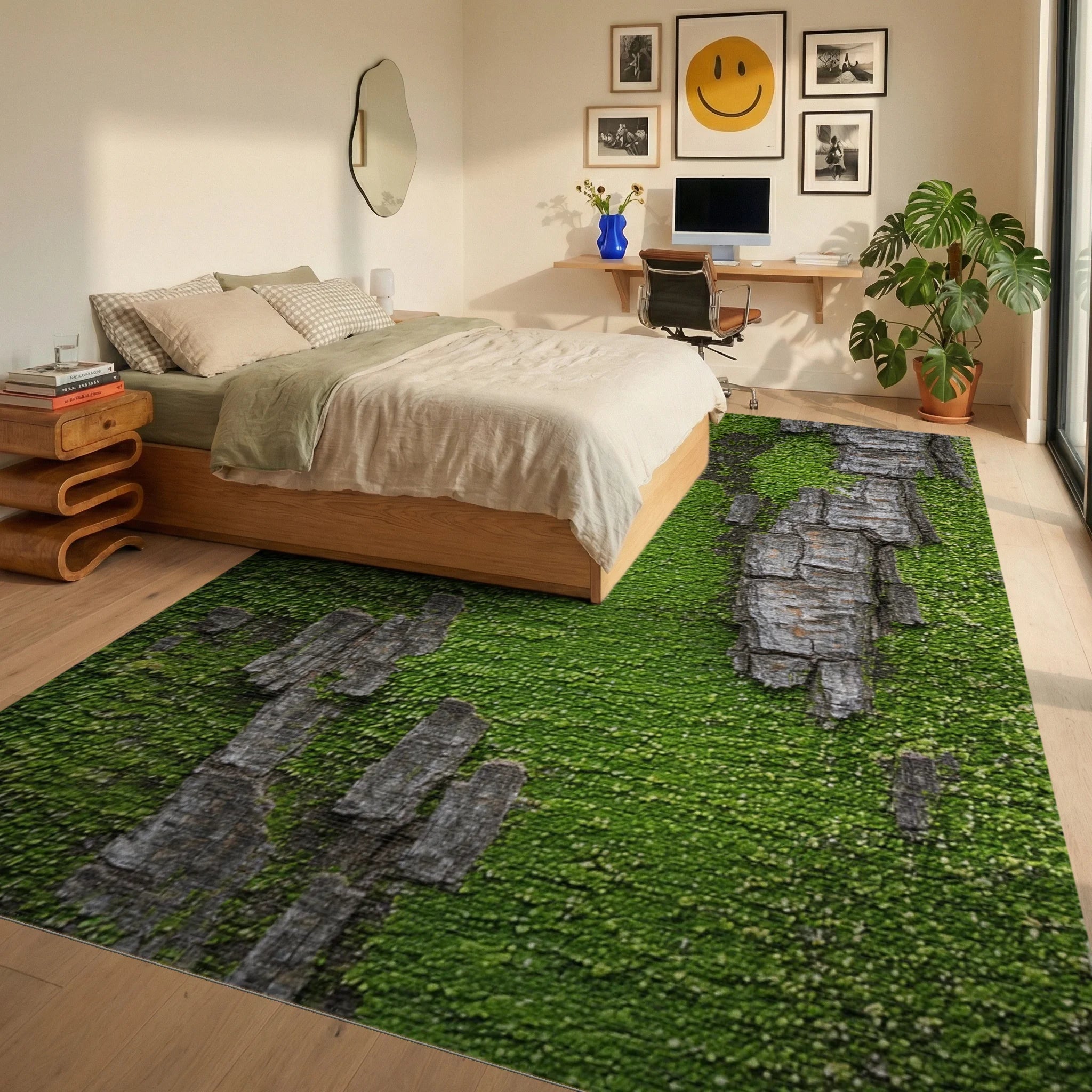 Verdant Mossy Bark Texture Rug - Bedroom View