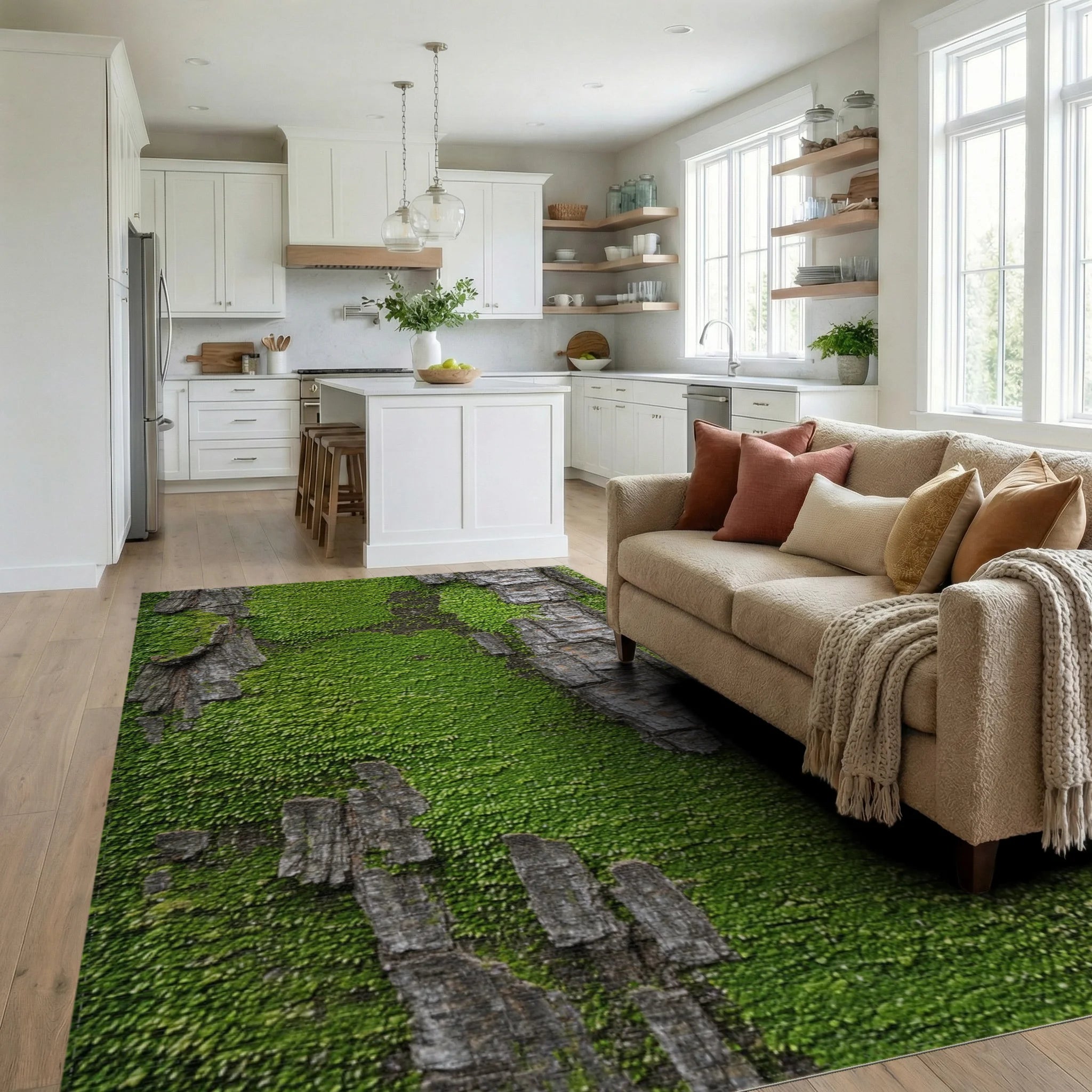 Verdant Mossy Bark Texture Rug - Living Room View