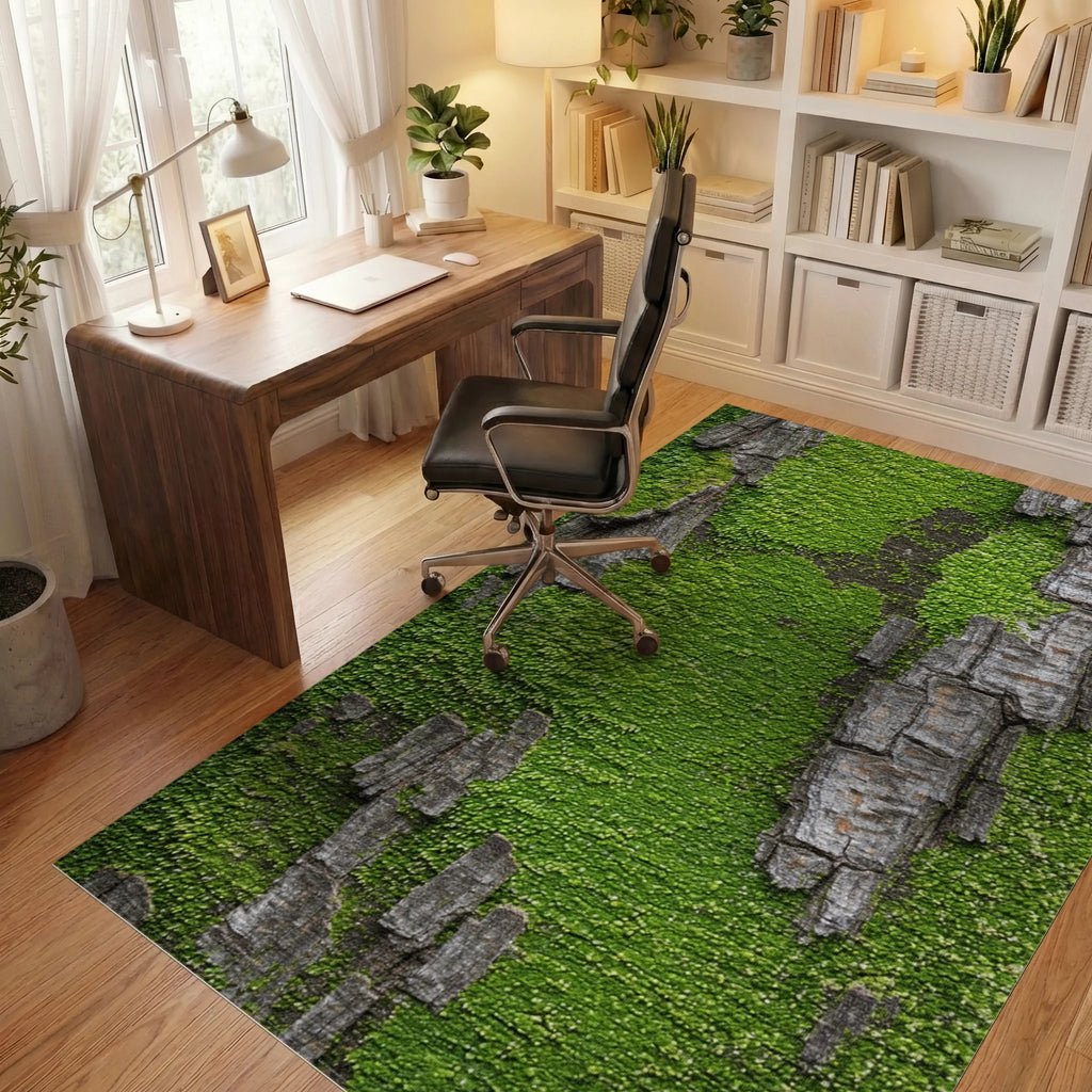 Verdant Mossy Bark Texture Rug - Office View