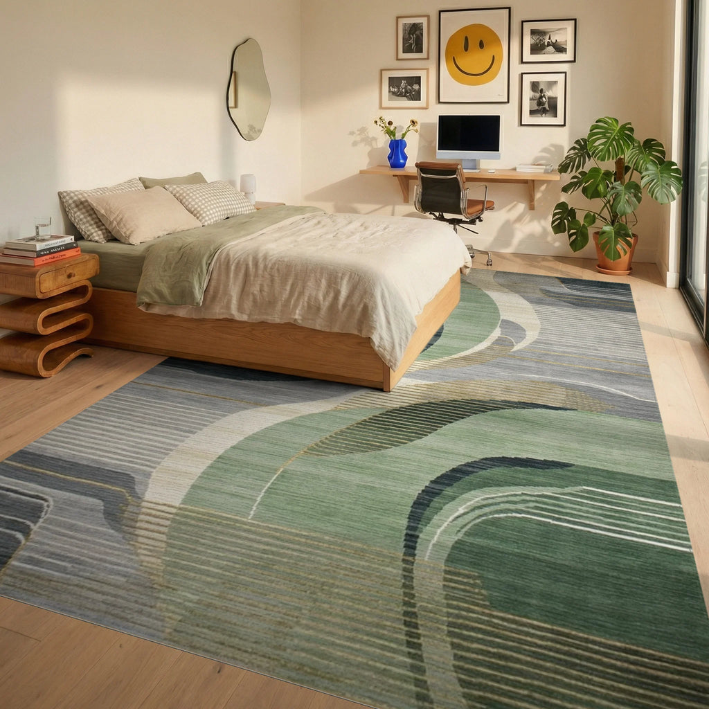 Verdant Wave Abstract Art Rug - Bedroom View