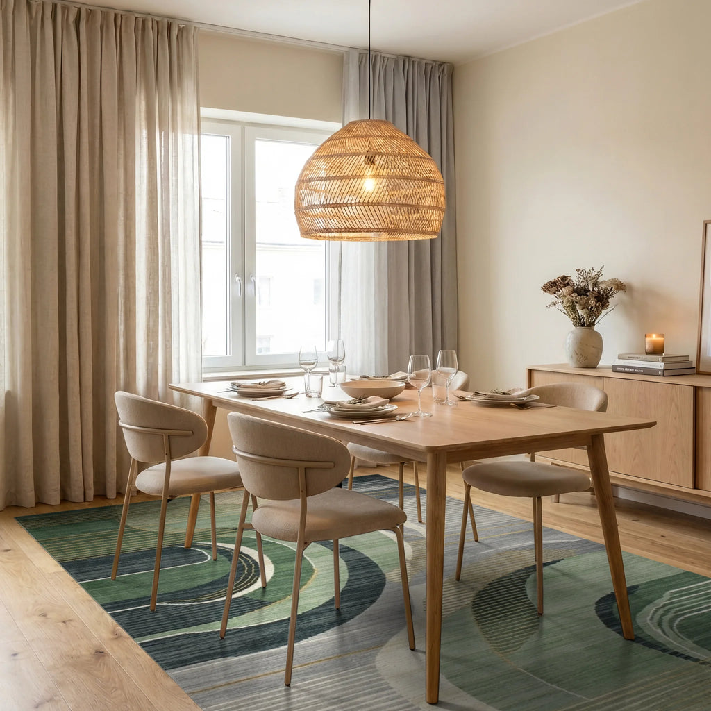 Verdant Wave Abstract Art Rug - Dining Room View