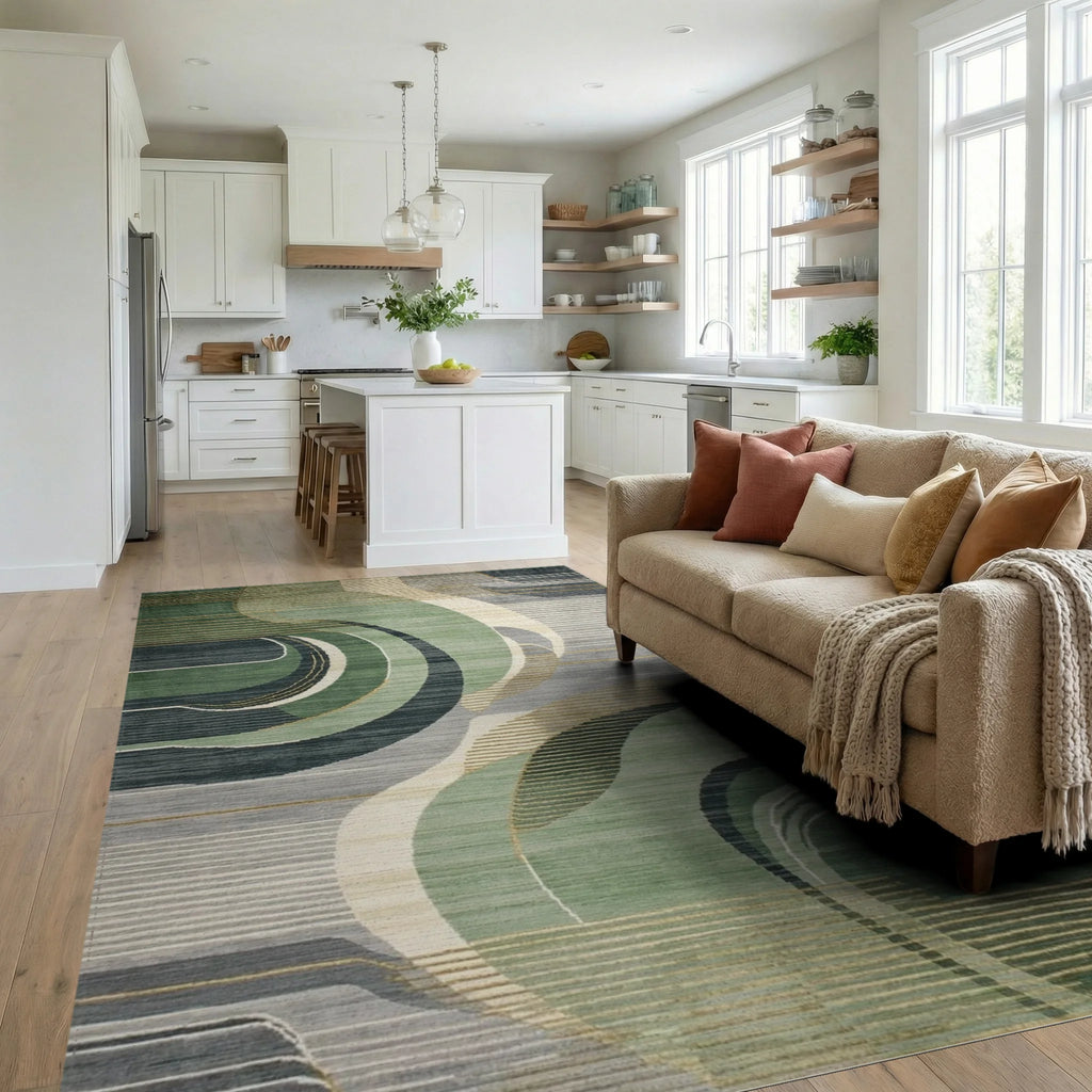 Verdant Wave Abstract Art Rug - Living Room View