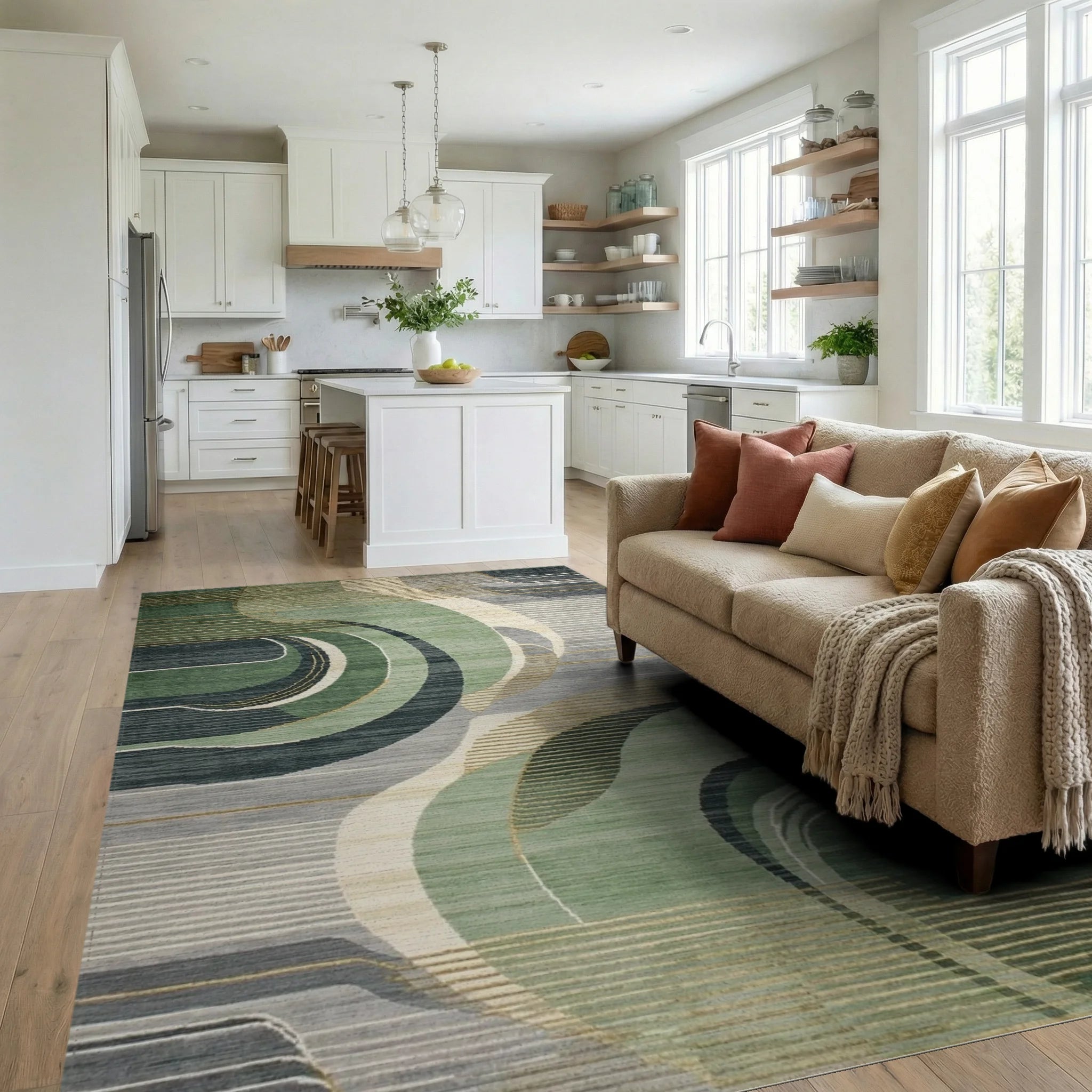 Verdant Wave Abstract Art Rug - Living Room View