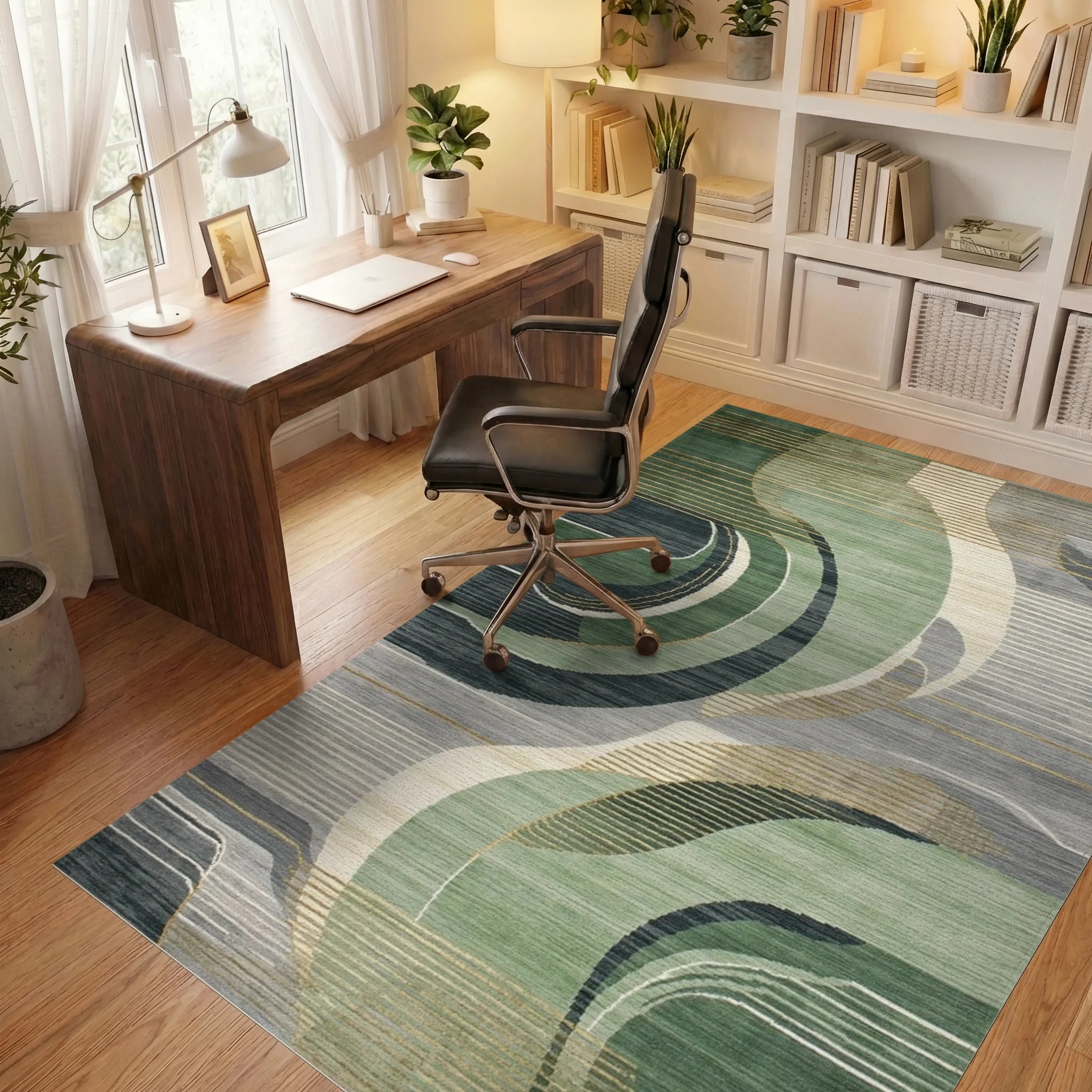 Verdant Wave Abstract Art Rug - Office View