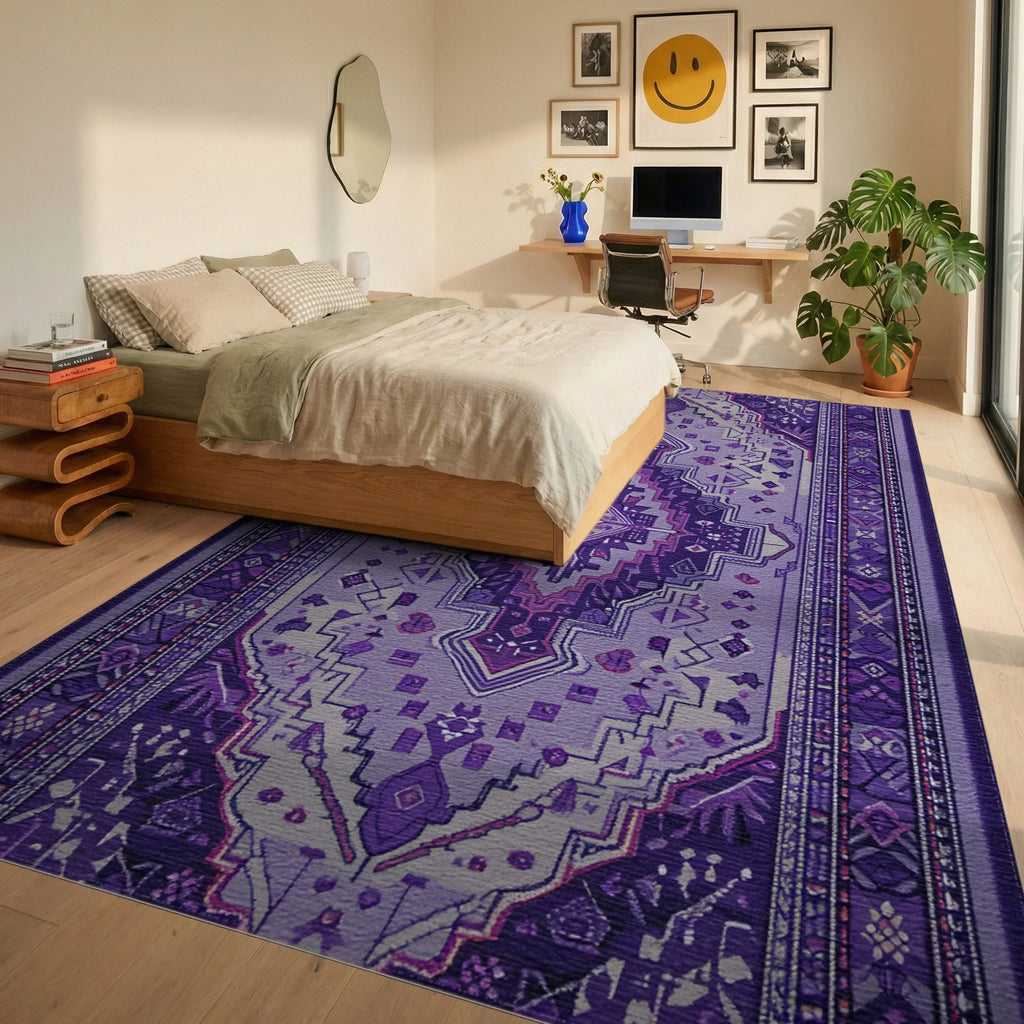 Vibrant Amethyst Medallion Oriental Rug - Bedroom View