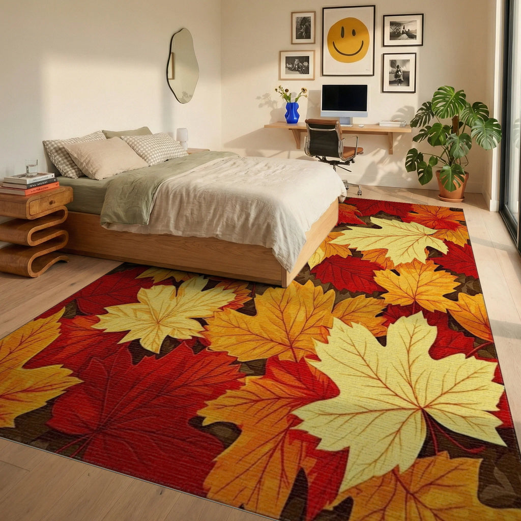 Vibrant Autumn Maple Leaf Pattern Rug - Bedroom View