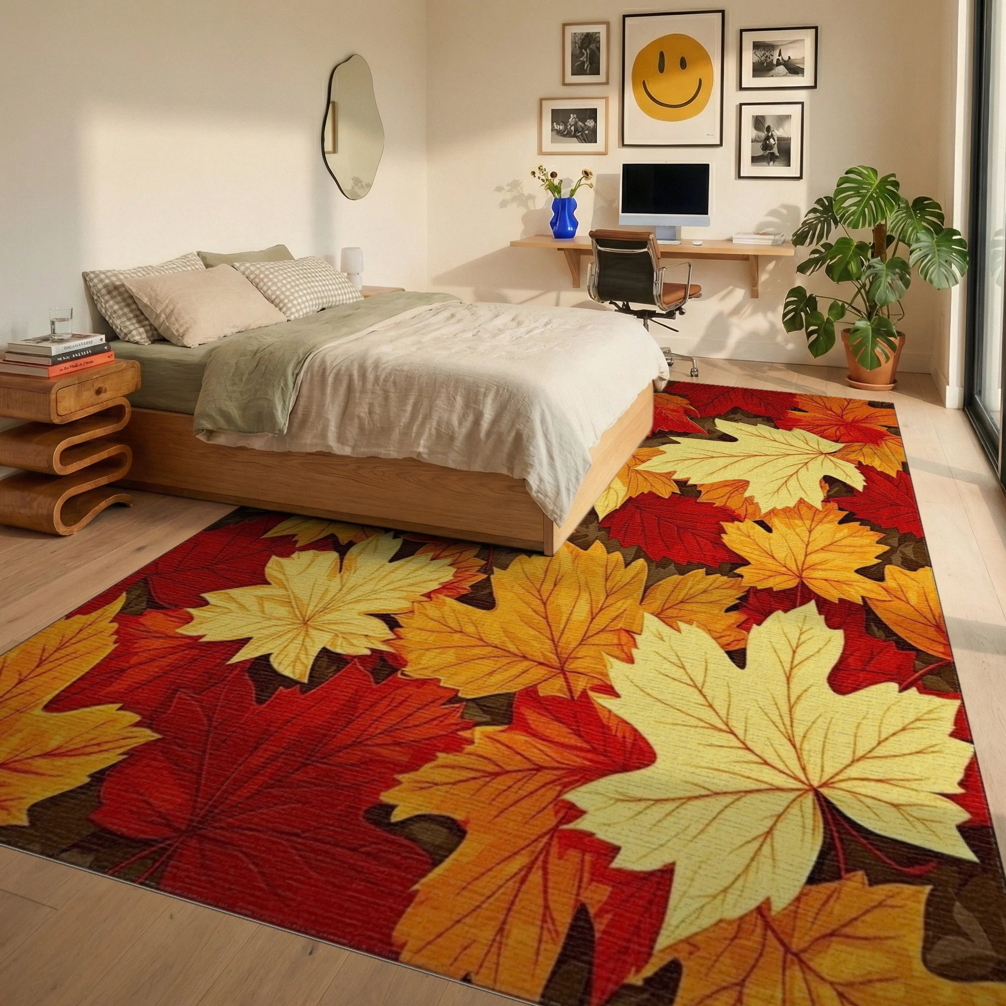 Vibrant Autumn Maple Leaf Pattern Rug - Bedroom View