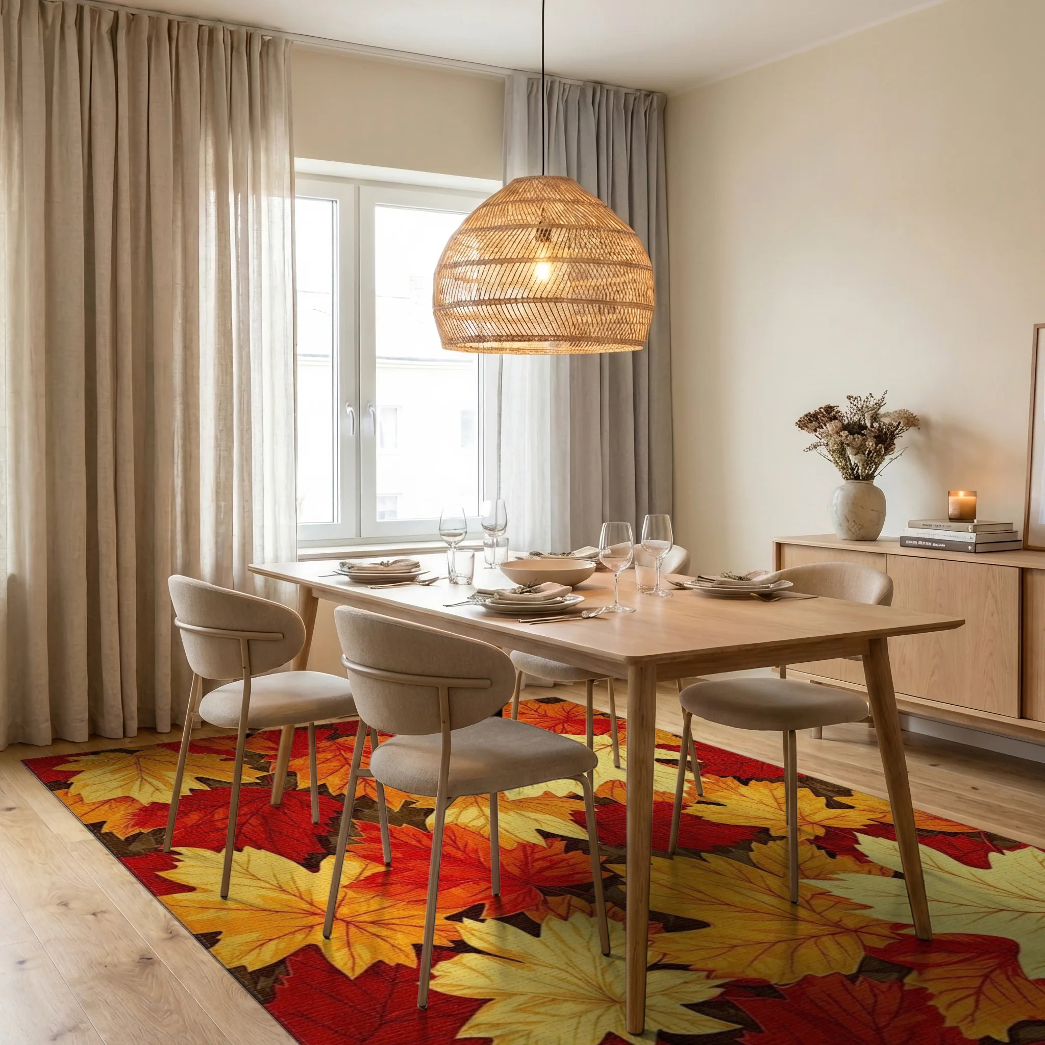 Vibrant Autumn Maple Leaf Pattern Rug - Dining Room View