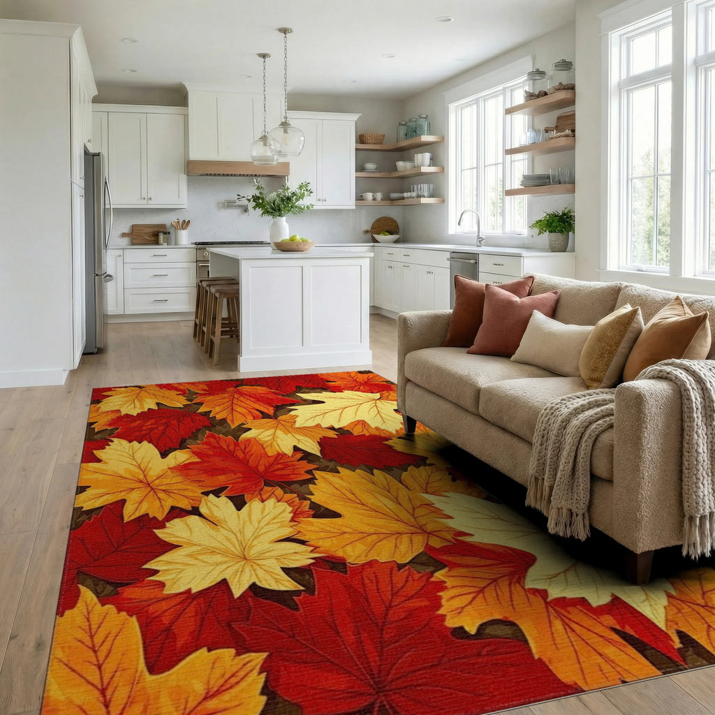 Vibrant Autumn Maple Leaf Pattern Rug - Living Room View