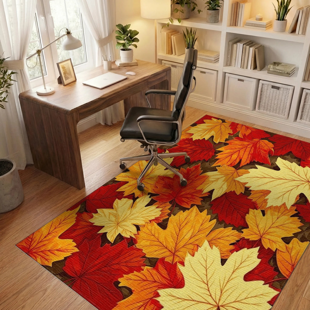 Vibrant Autumn Maple Leaf Pattern Rug - Office View