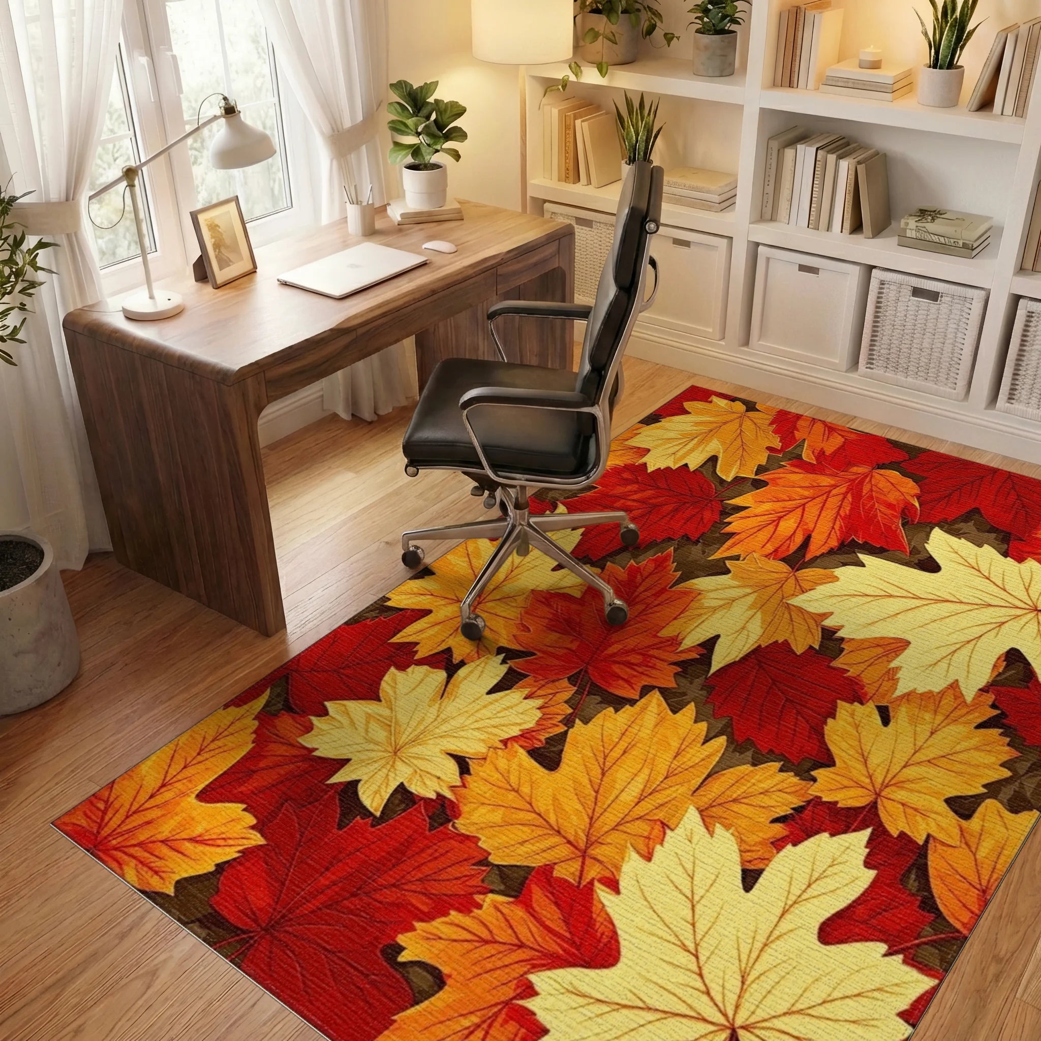 Vibrant Autumn Maple Leaf Pattern Rug - Office View