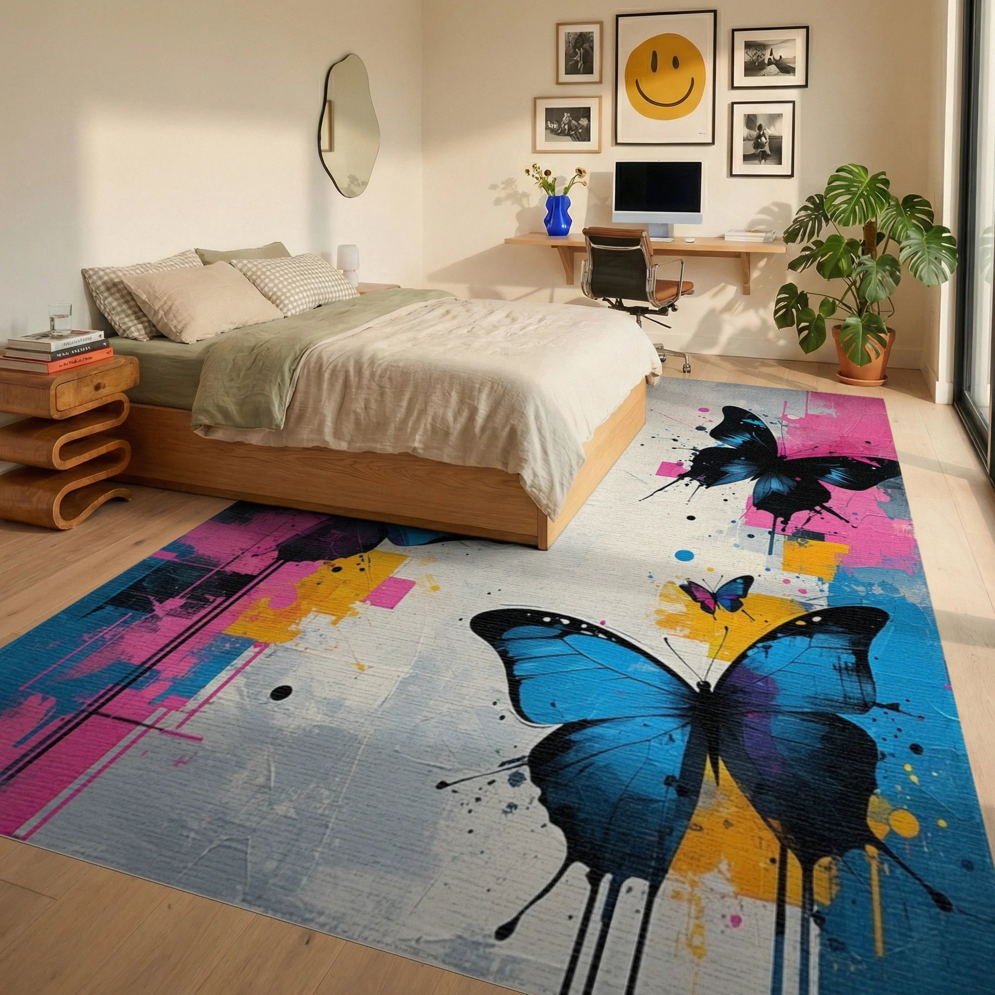 Vibrant Blue Butterflies Abstract Splatter Rug Bedroom View