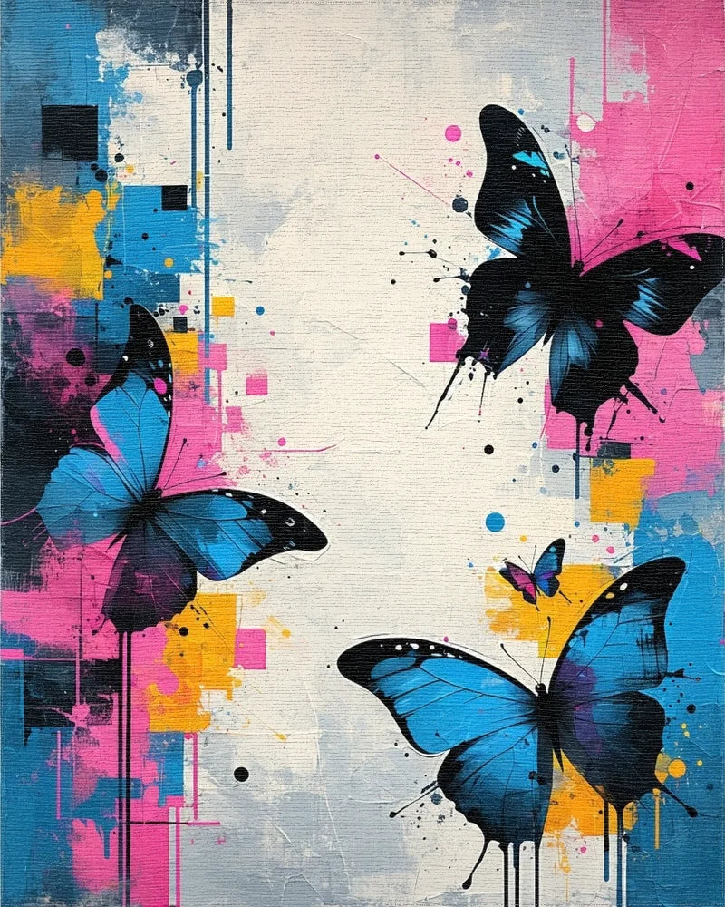 Vibrant Blue Butterflies Abstract Splatter Rug - Cutout View