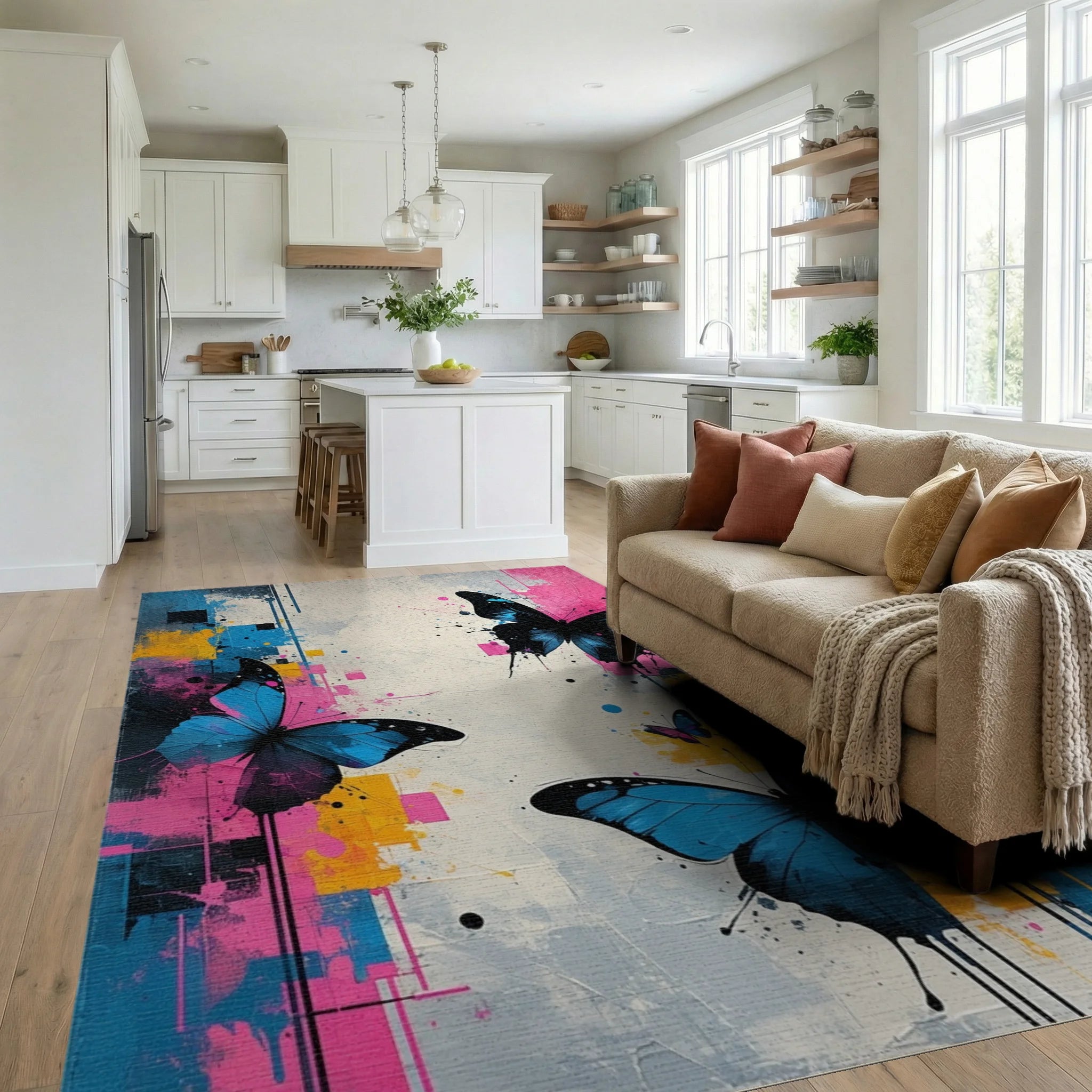 Vibrant Blue Butterflies Abstract Splatter Rug Living Room View