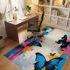 Vibrant Blue Butterflies Abstract Splatter Rug Office View