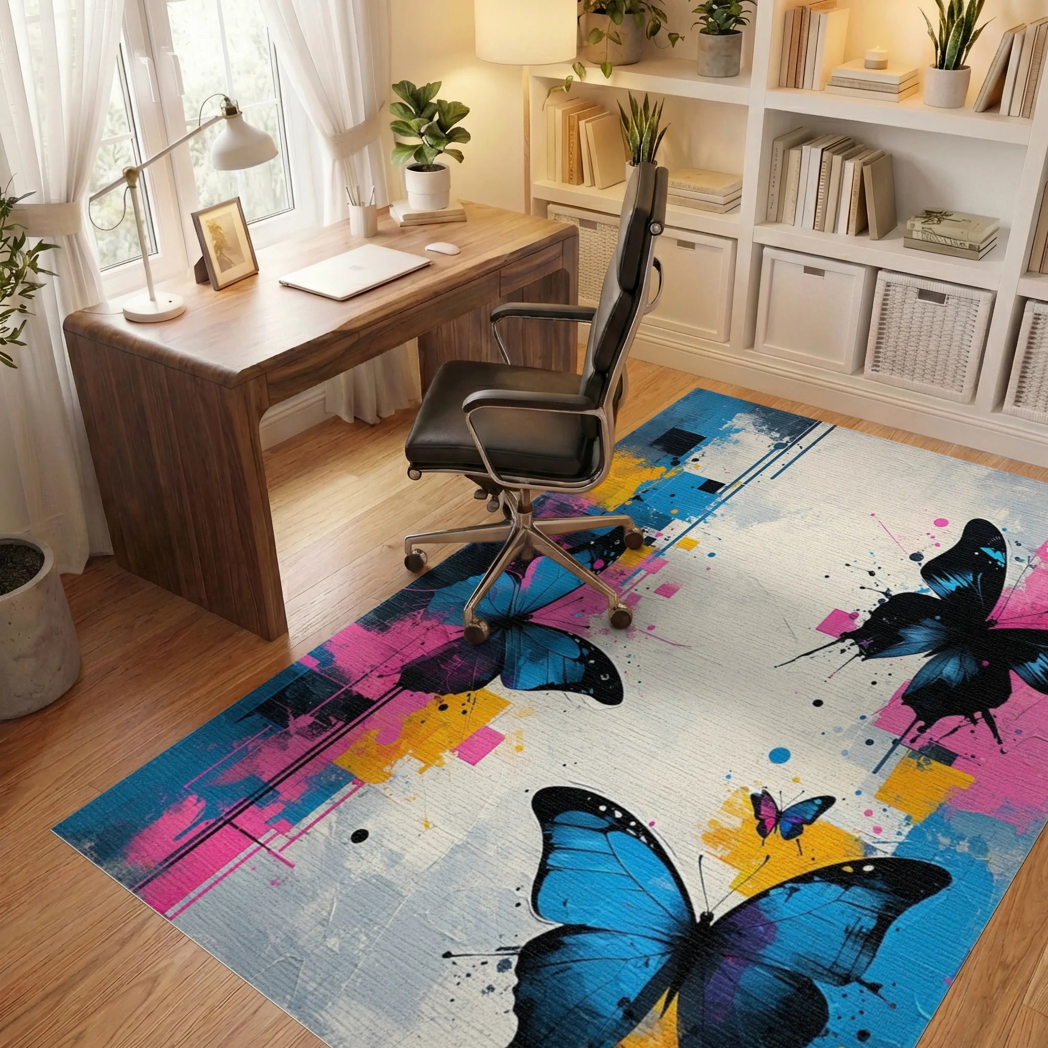 Vibrant Blue Butterflies Abstract Splatter Rug Office View