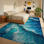 Vibrant Blue Crashing Waves Rug - Bedroom View